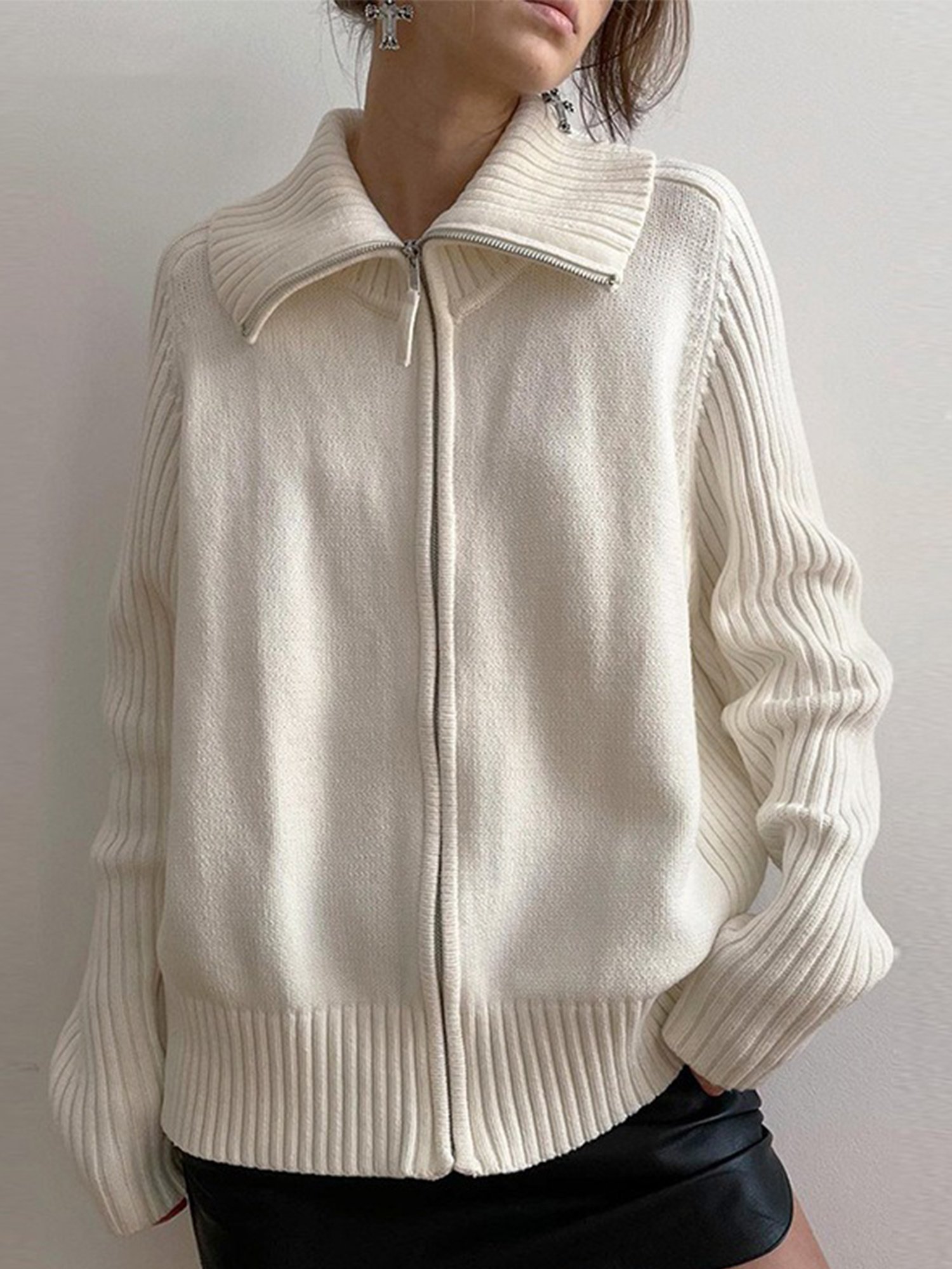 Casual Plain Stand Collar Cardigan