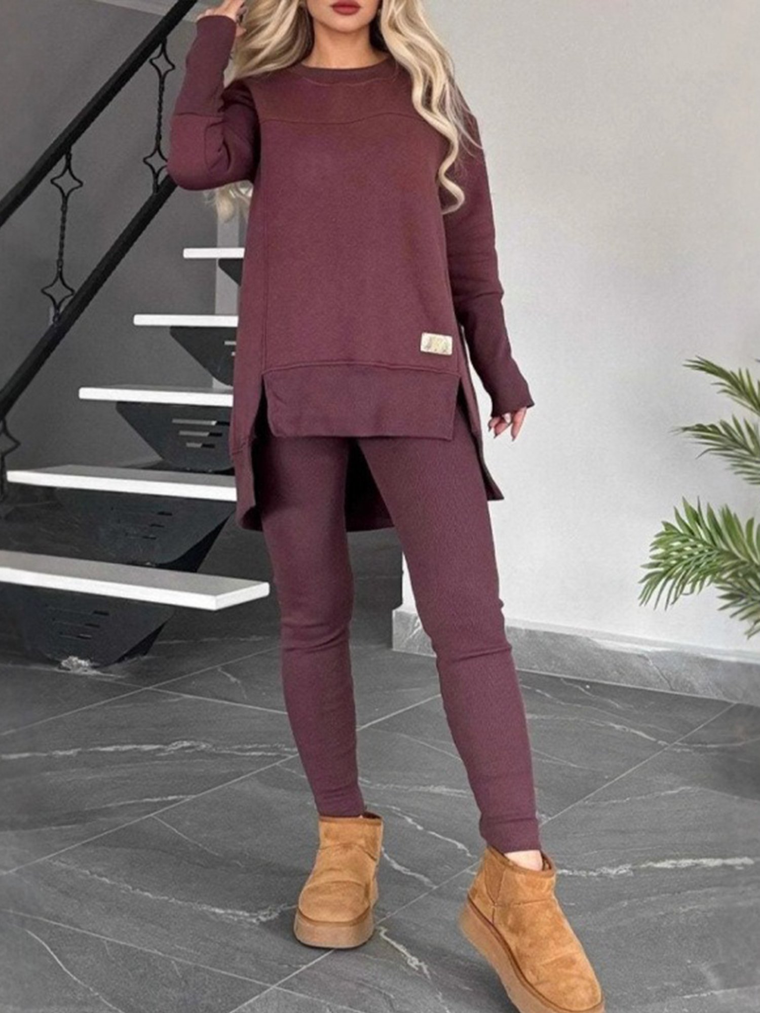 Casual Plain Crew Neck Two-Piece Set