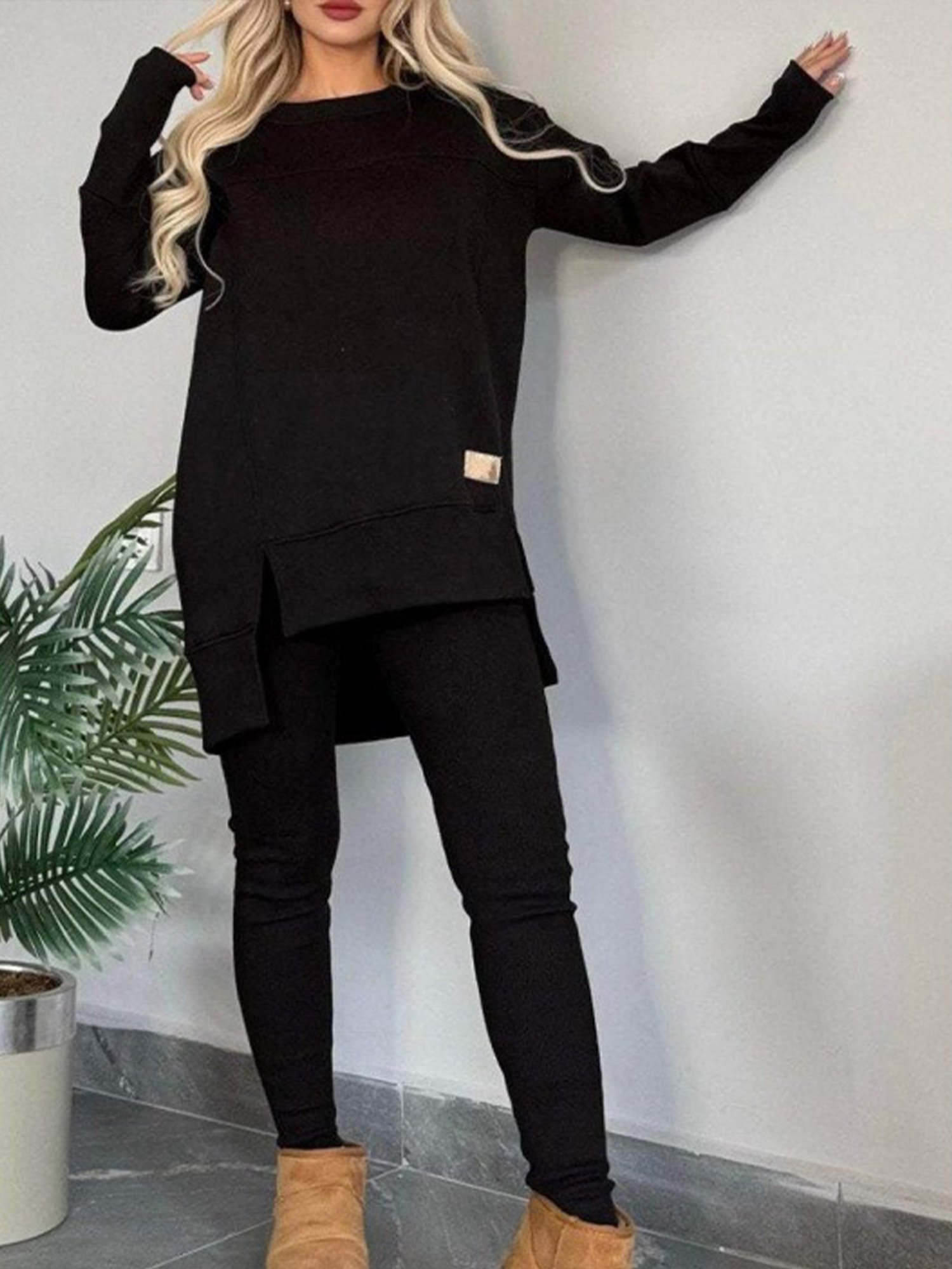 Casual Plain Crew Neck Two-Piece Set