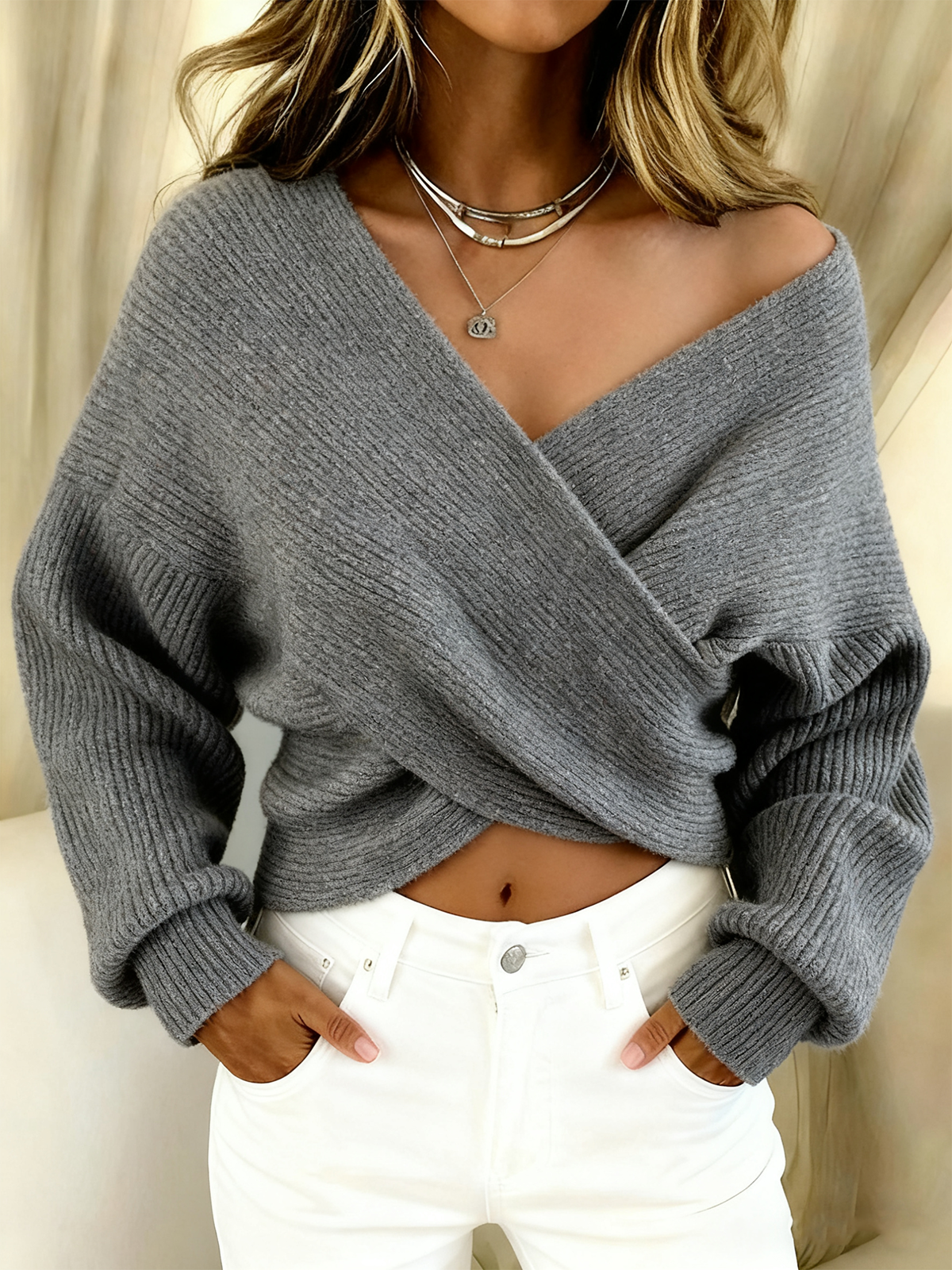 Others Sexy Plain Wool/Knitting Knit Top