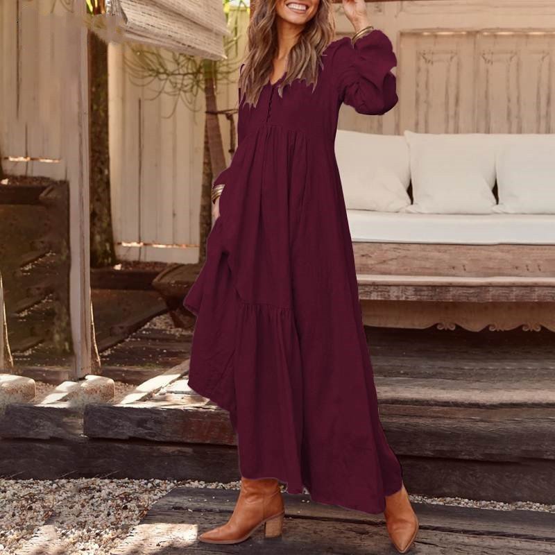 V Neck Elegant Loose Cotton Dress With No