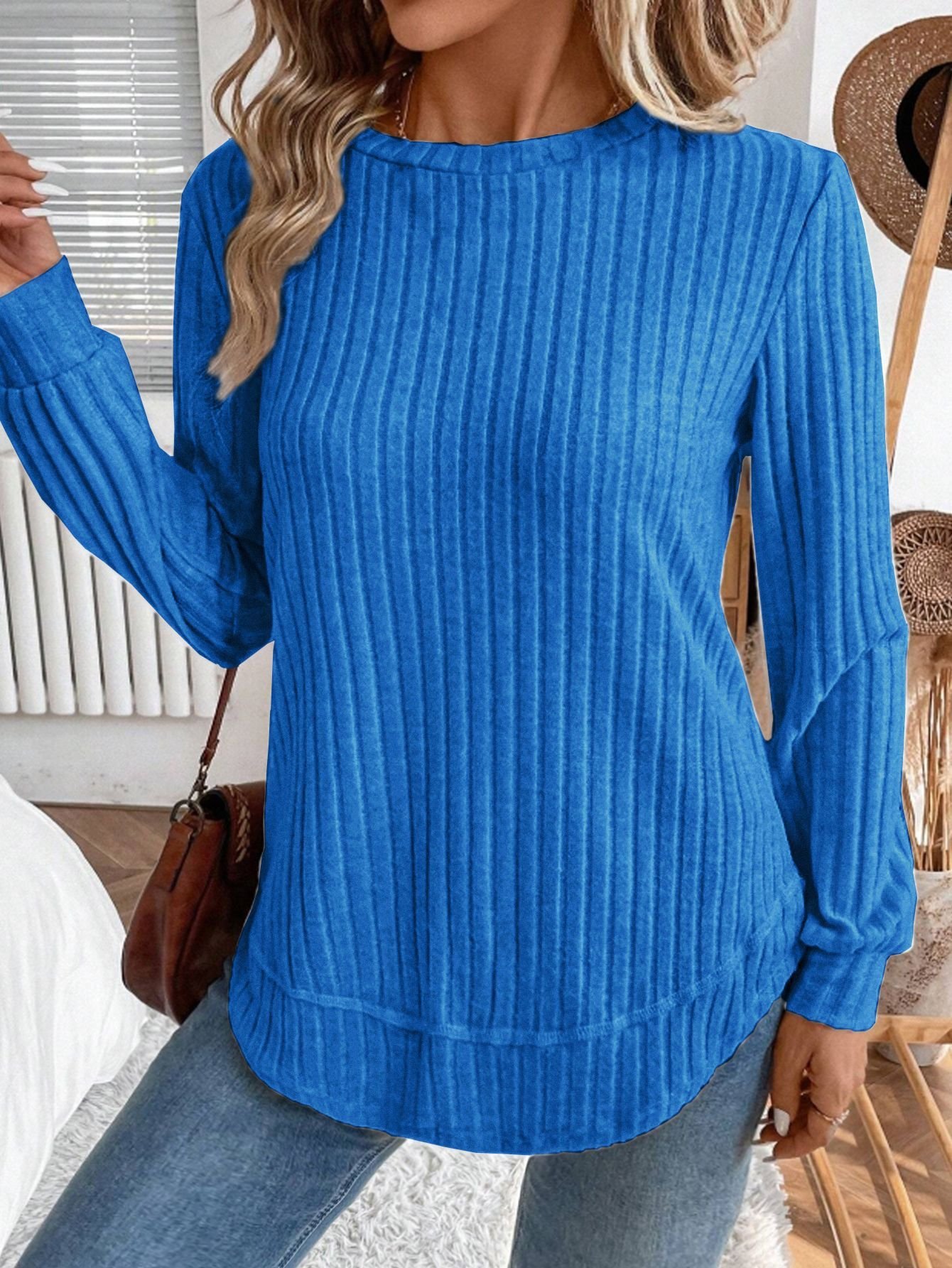 Plain Crew Neck Jersey Casual Knit Top