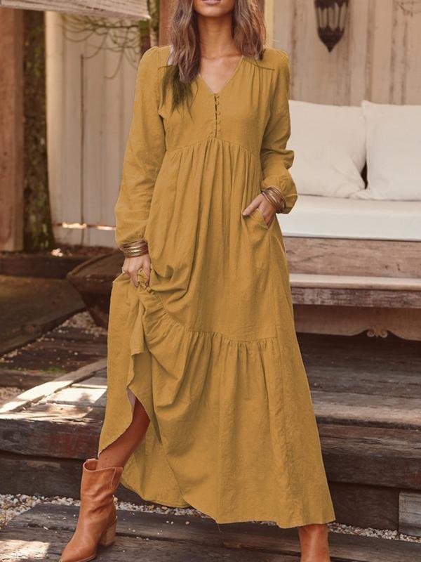 V Neck Elegant Loose Cotton Dress With No