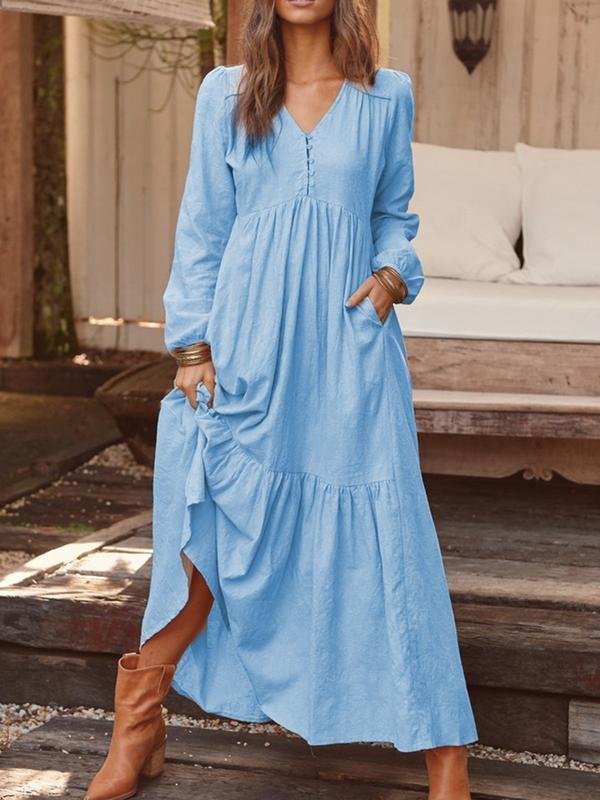 V Neck Elegant Loose Cotton Dress With No