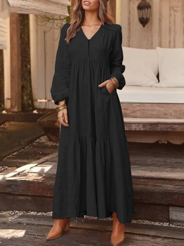 V Neck Elegant Loose Cotton Dress With No