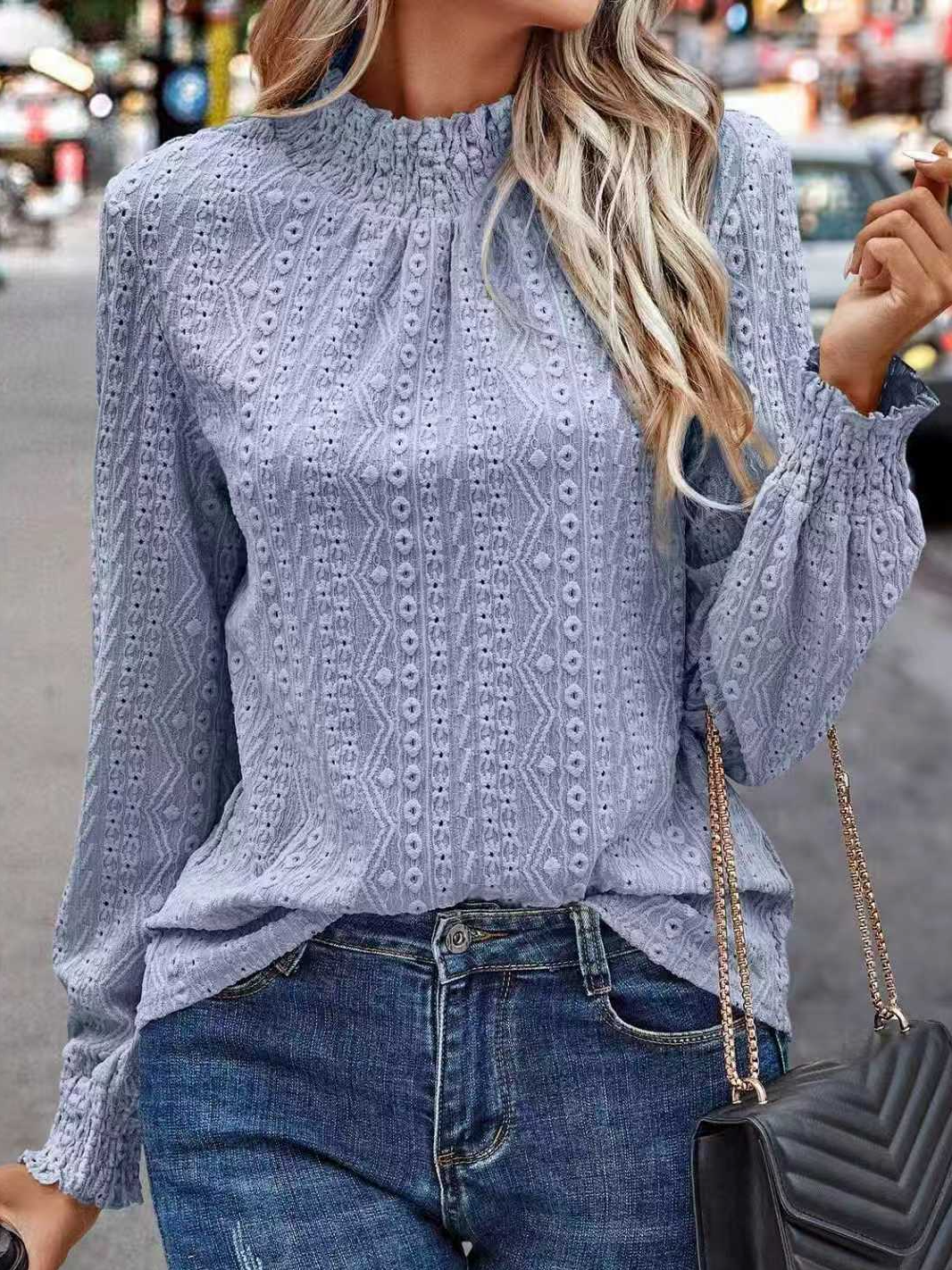 Women Plain Stand Collar Elegant Long Sleeve T-shirt