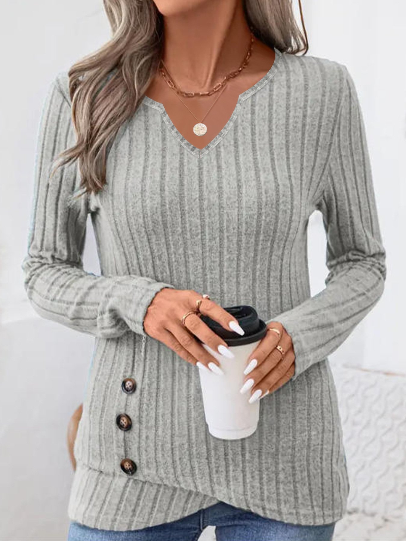 Women Plain V Neck Elegant Long Sleeve T-shirt