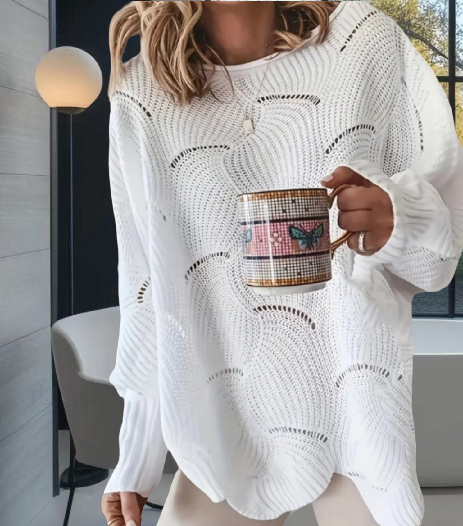 Casual Crew Neck Polyester Cotton Loose Knit Top