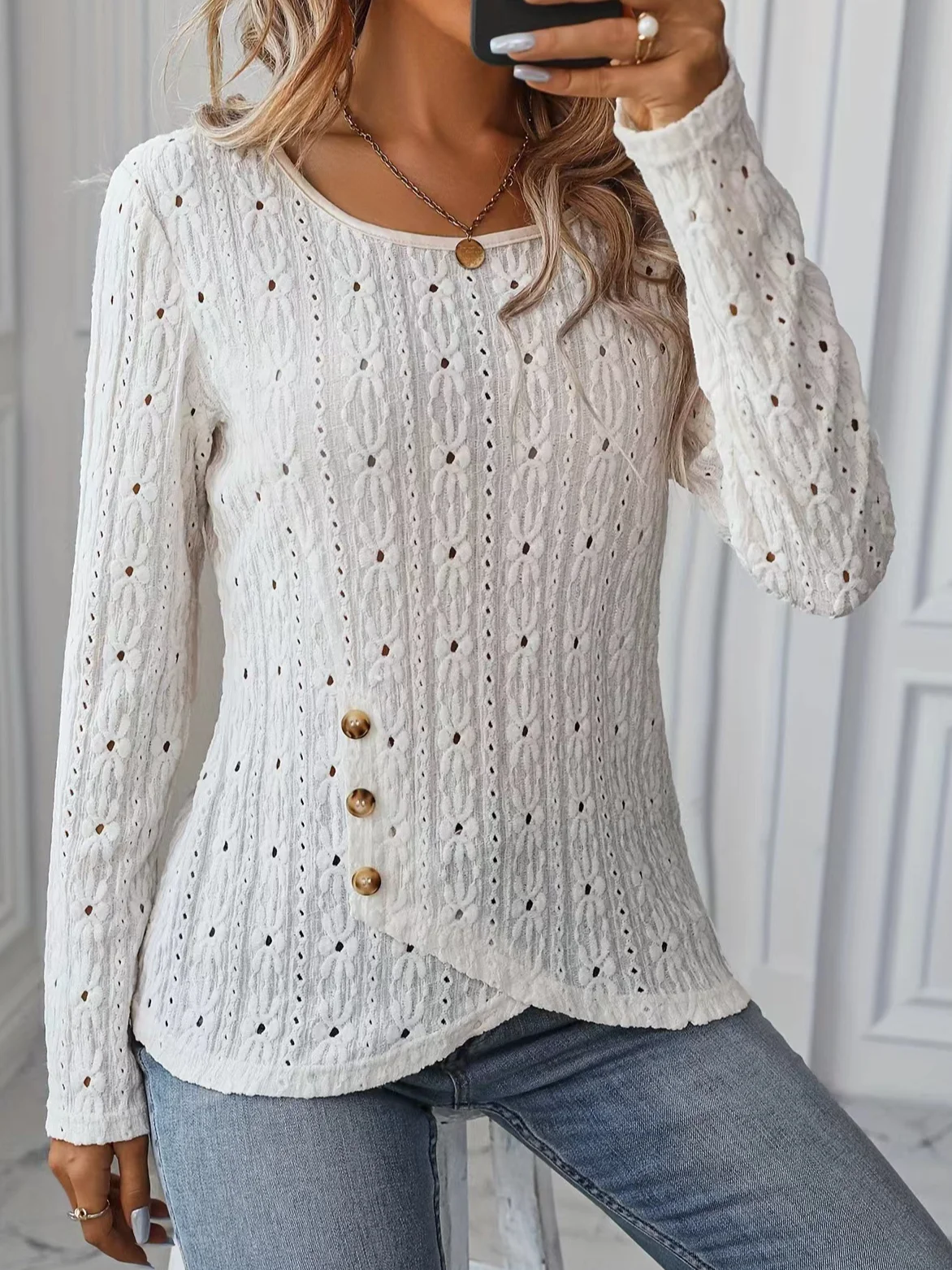 Women Plain Crew Neck Elegant Long Sleeve T-shirt
