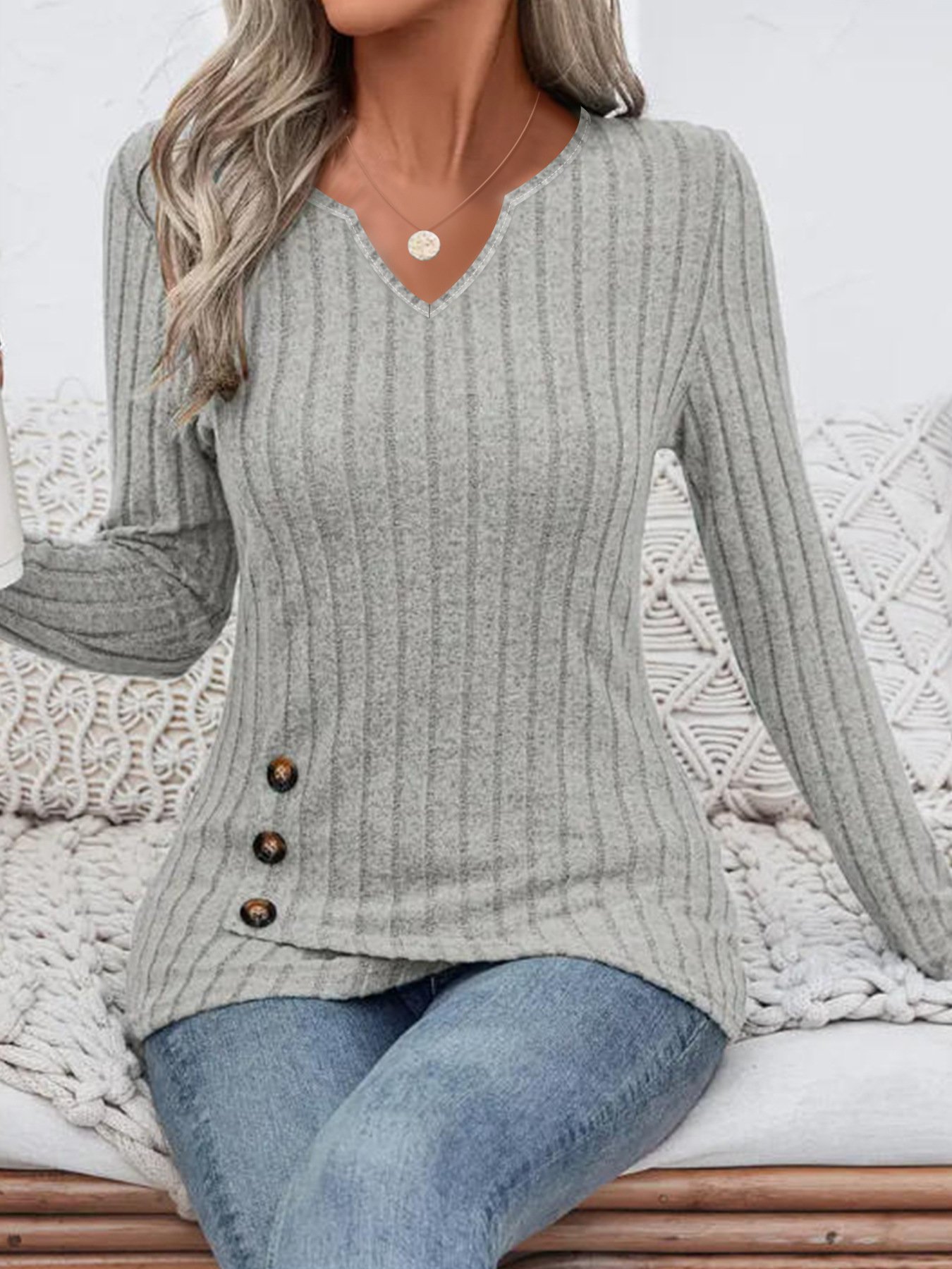 Women Plain V Neck Elegant Long Sleeve T-shirt