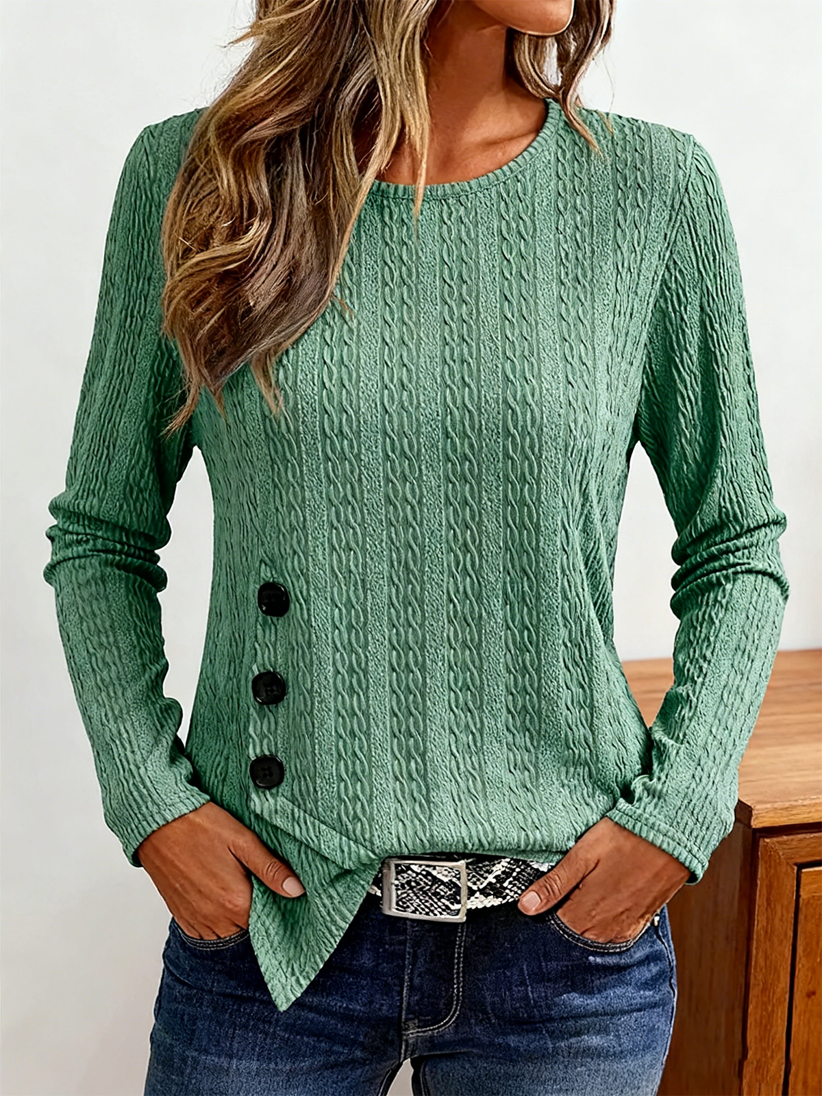 Women Plain Crew Neck Casual Long Sleeve T-shirt