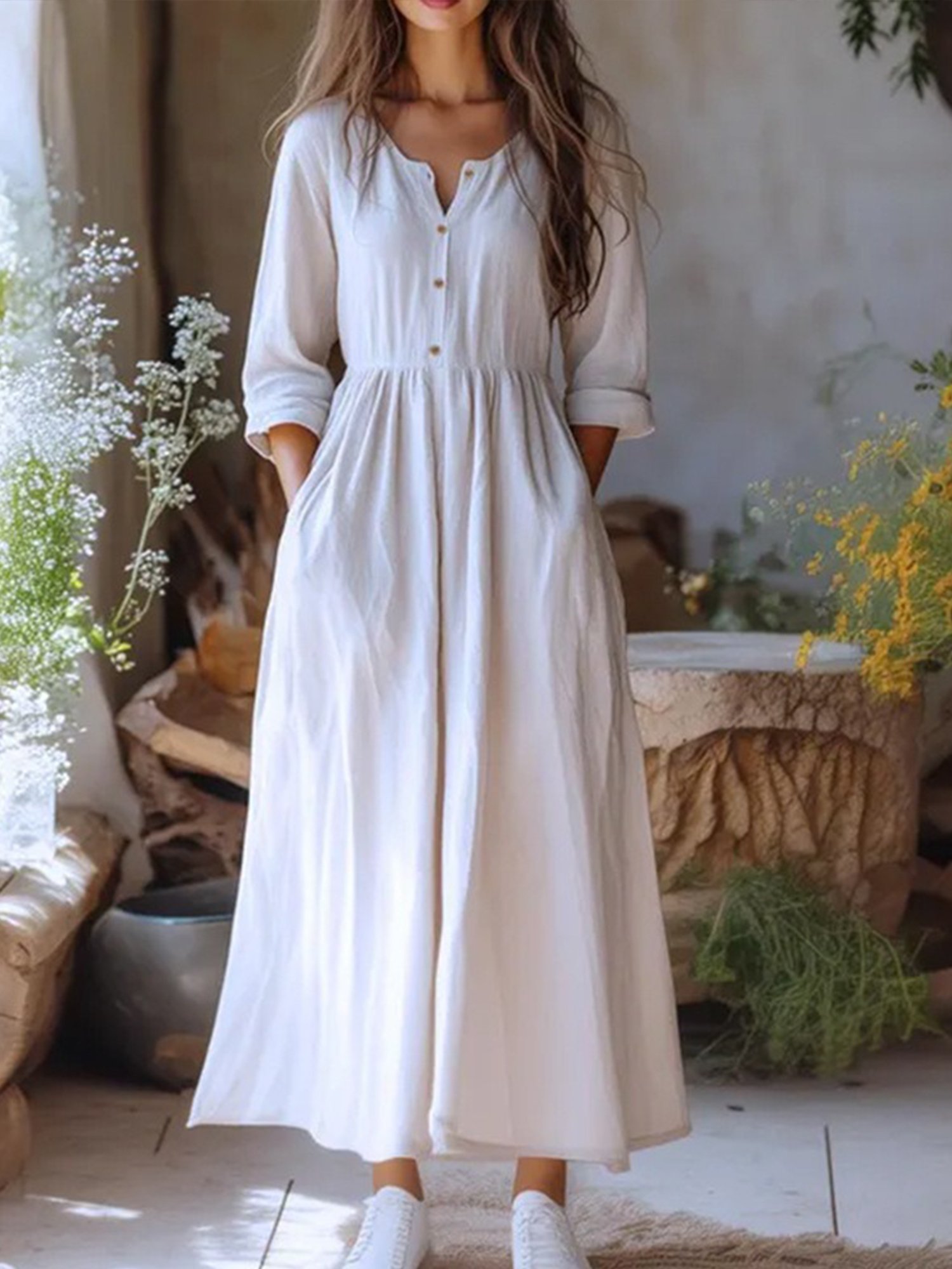 Casual Plain Crew Neck Midi Dress