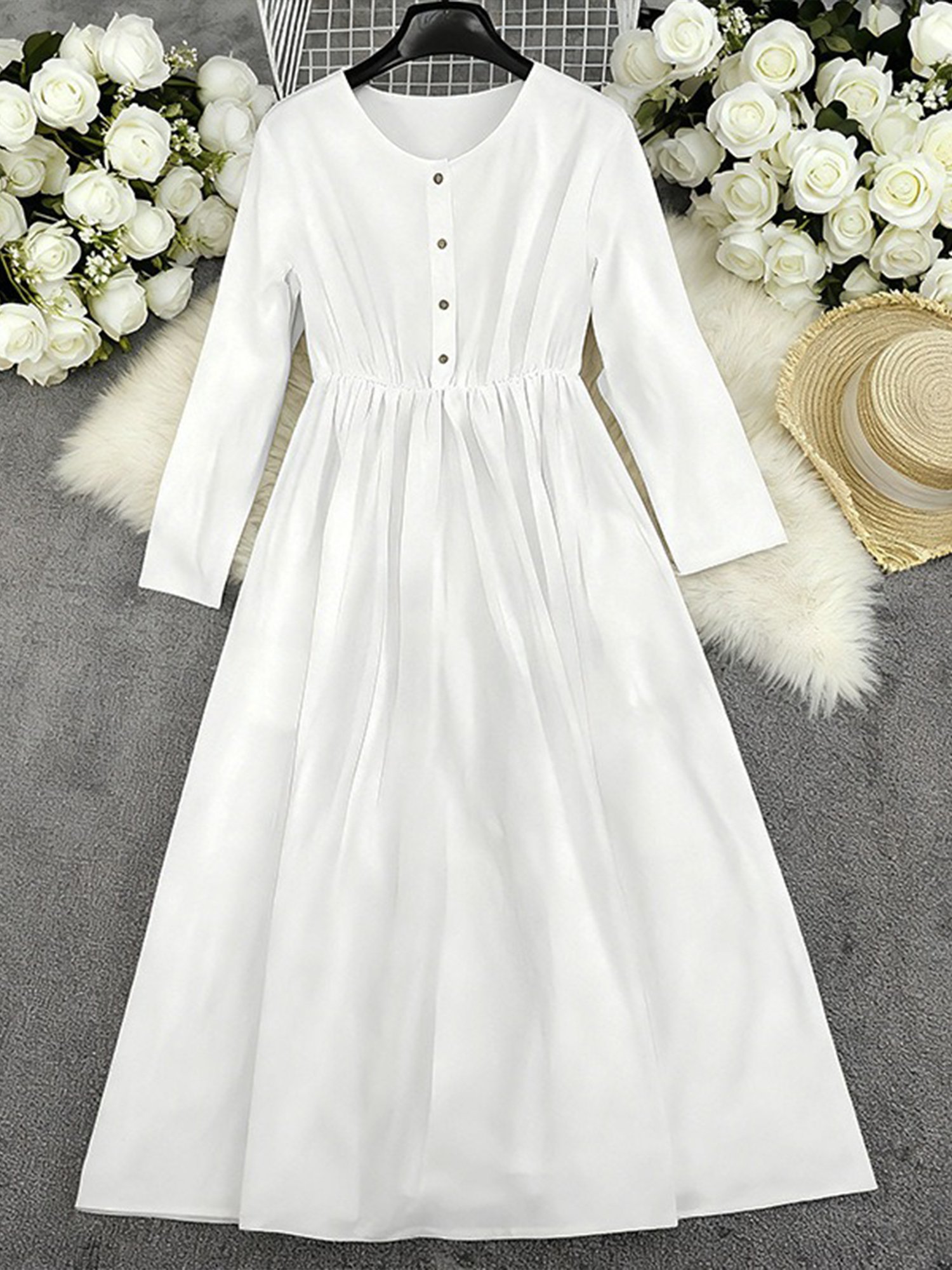 Casual Plain Crew Neck Midi Dress