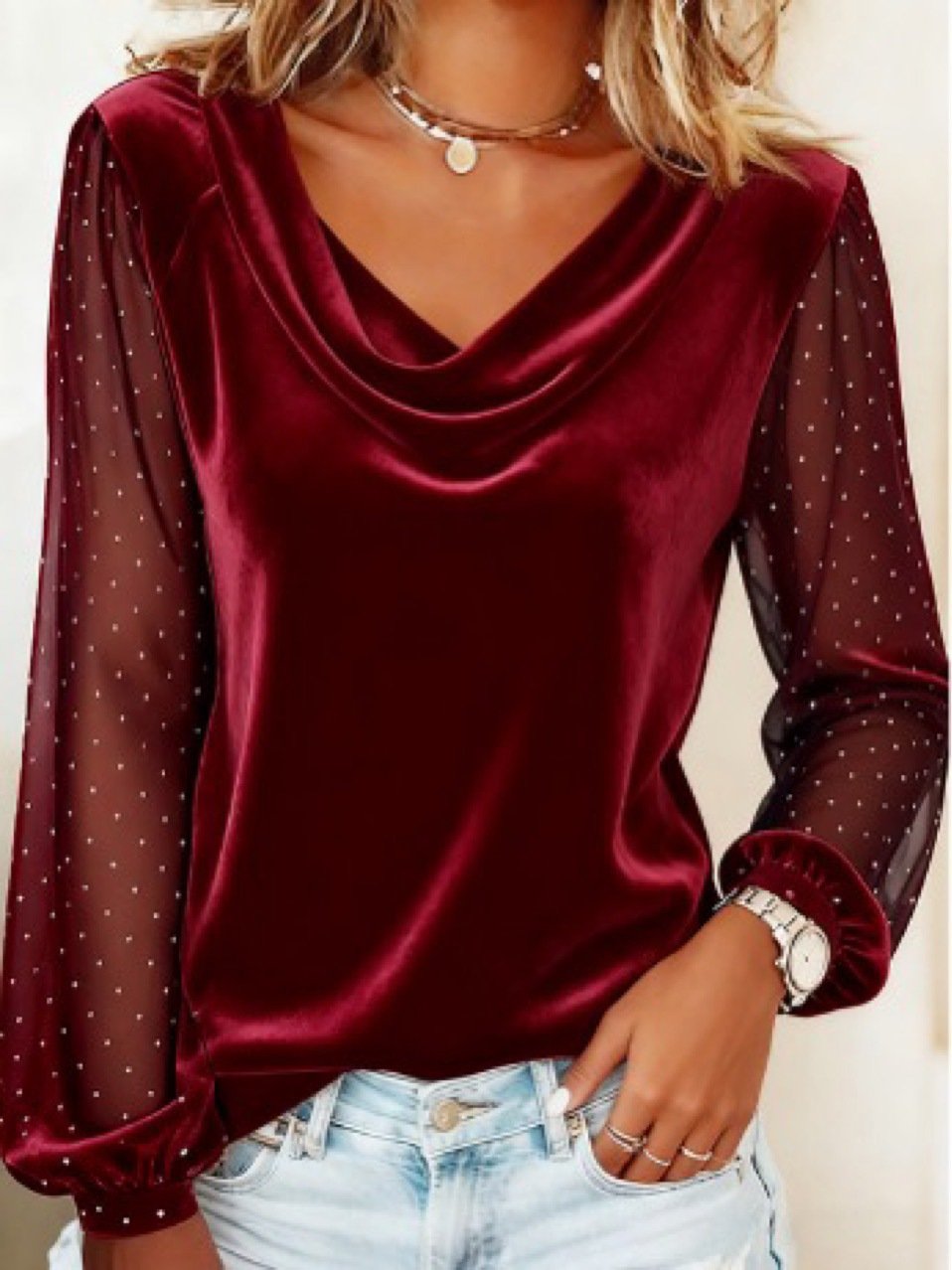 Women Polka Dots V Neck Casual Long Sleeve T-shirt