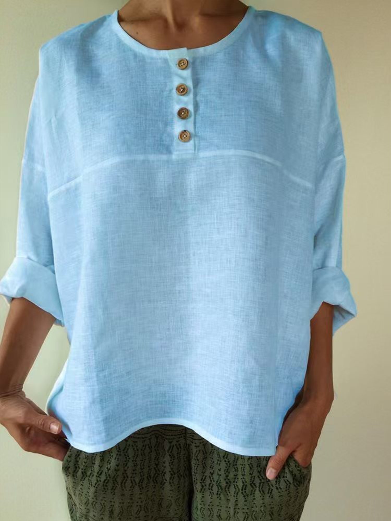 Casual Plain Buttoned Crew Neck Blouse