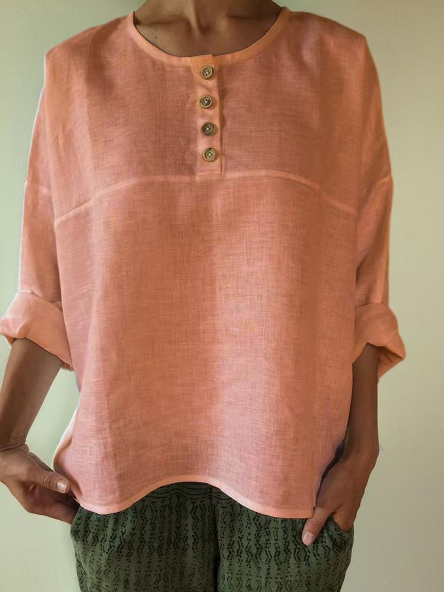 Casual Plain Buttoned Crew Neck Blouse