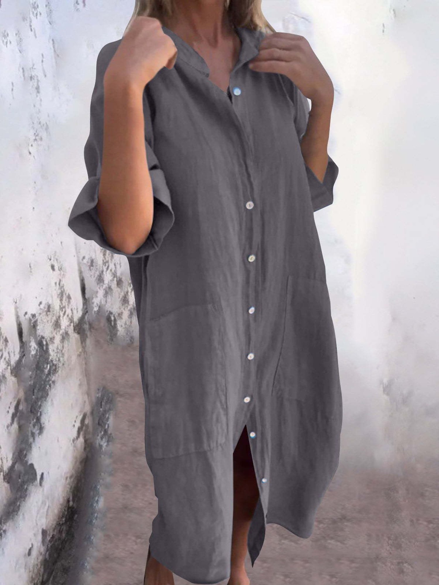 Casual Plain Shirt Collar Midi Dress