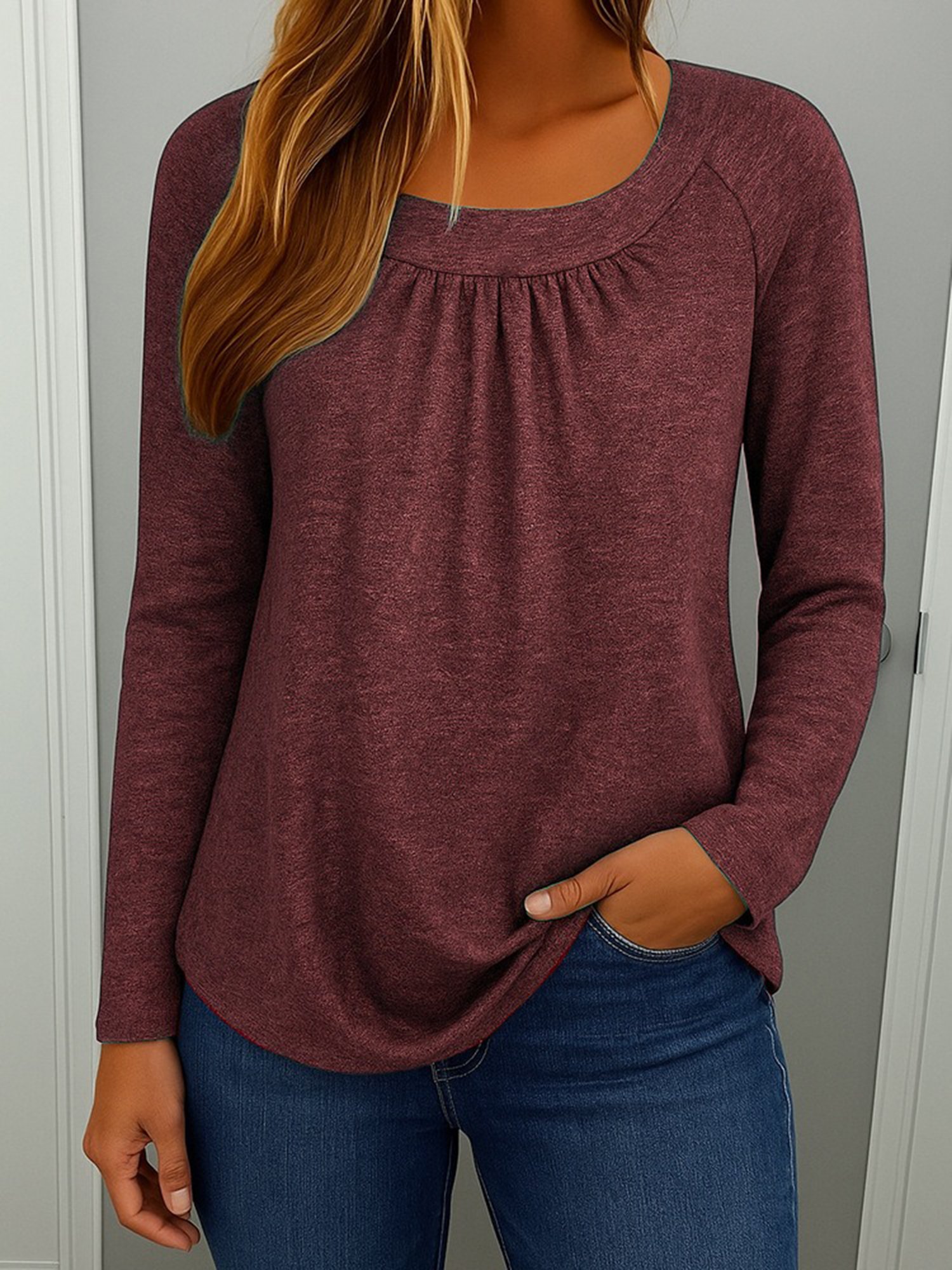 Women Plain Crew Neck Casual Long Sleeve T-shirt