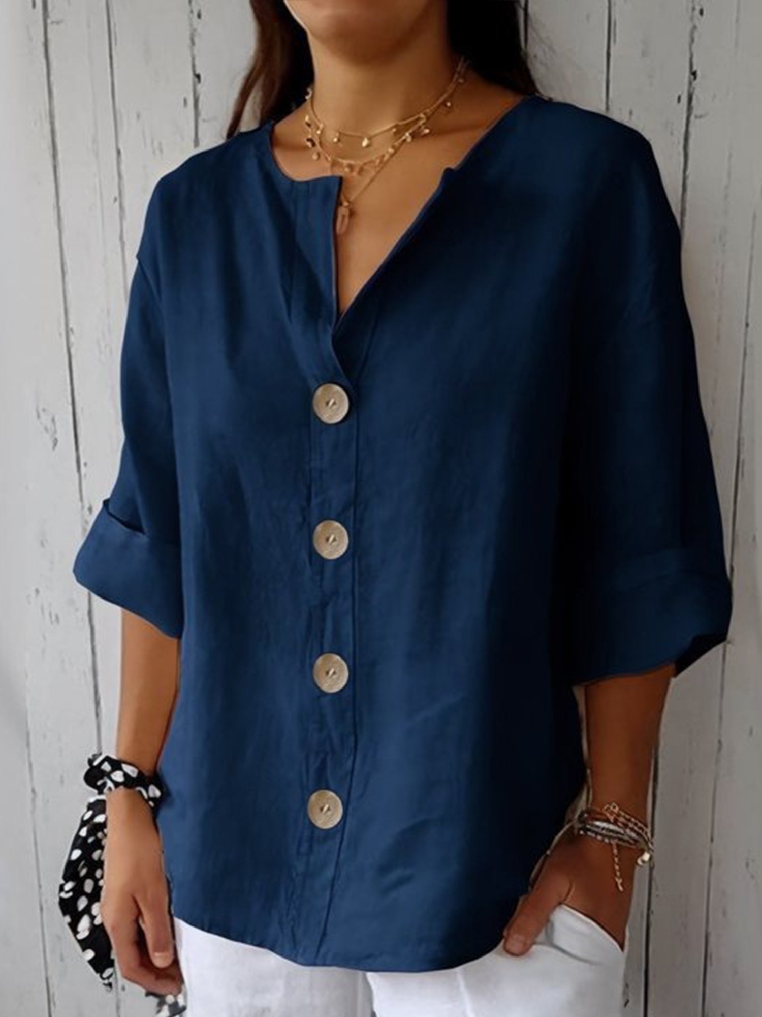 Casual Plain Buttoned Crew Neck Shirt