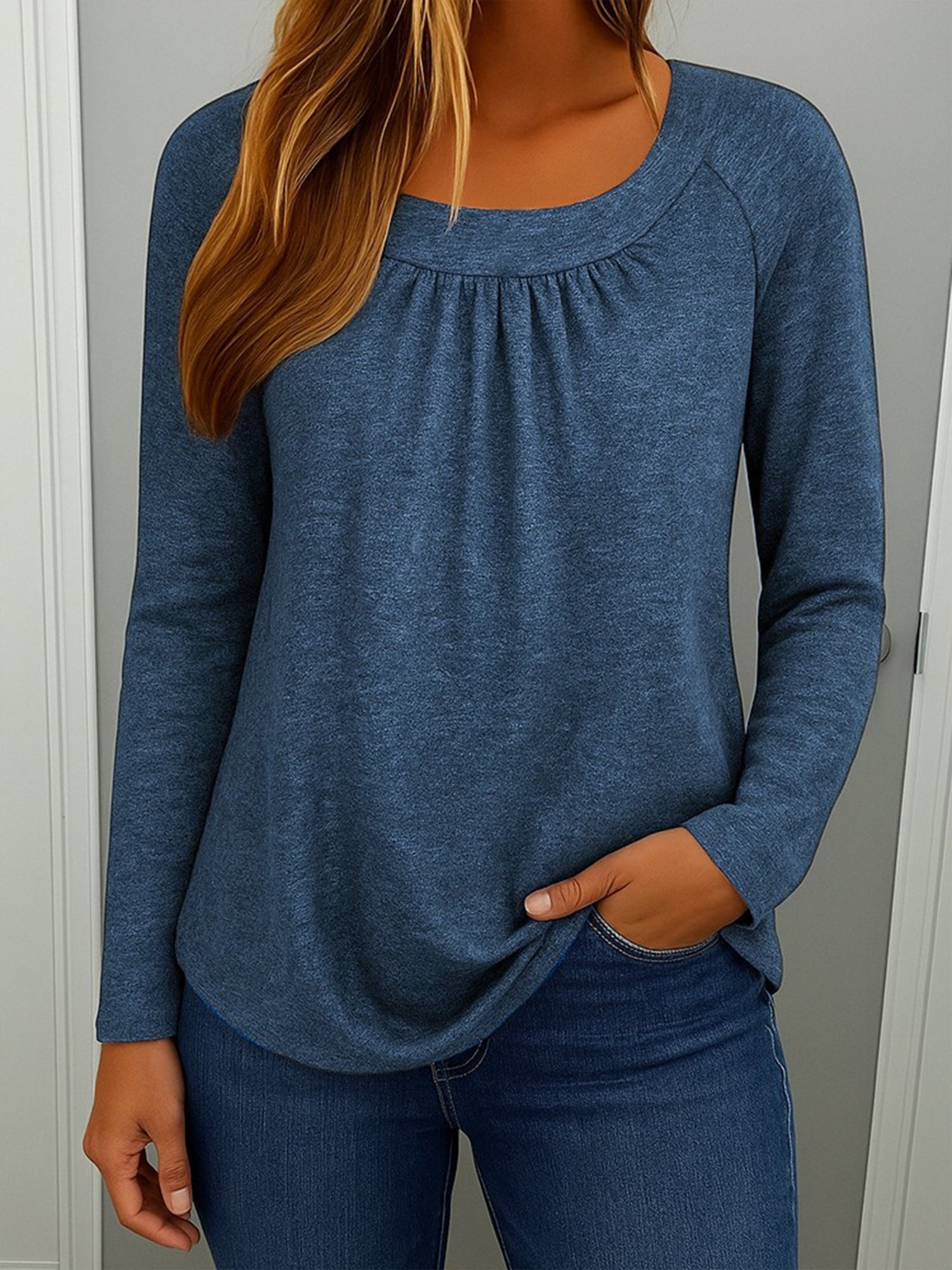 Women Plain Crew Neck Casual Long Sleeve T-shirt