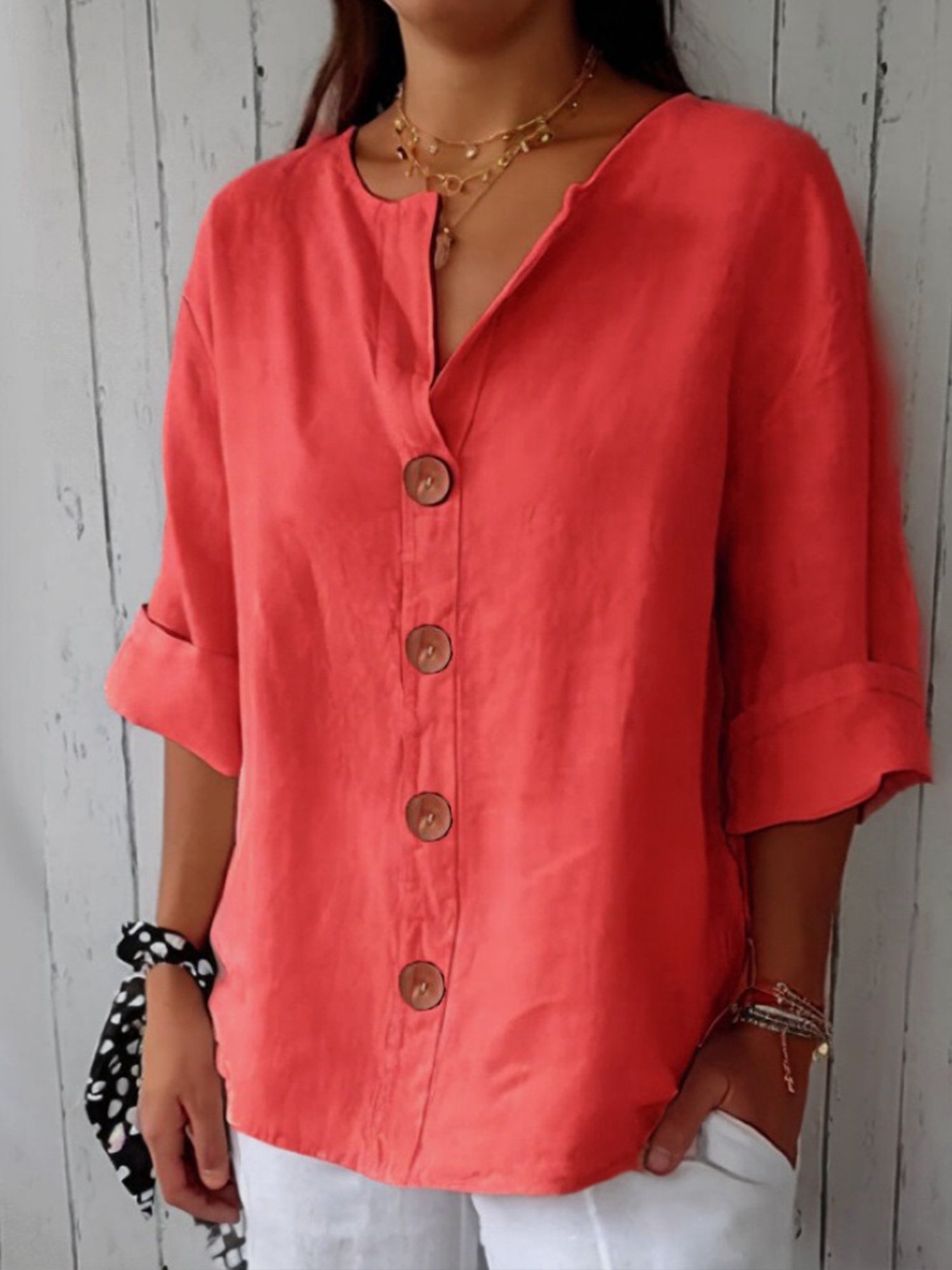 Casual Plain Buttoned Crew Neck Shirt