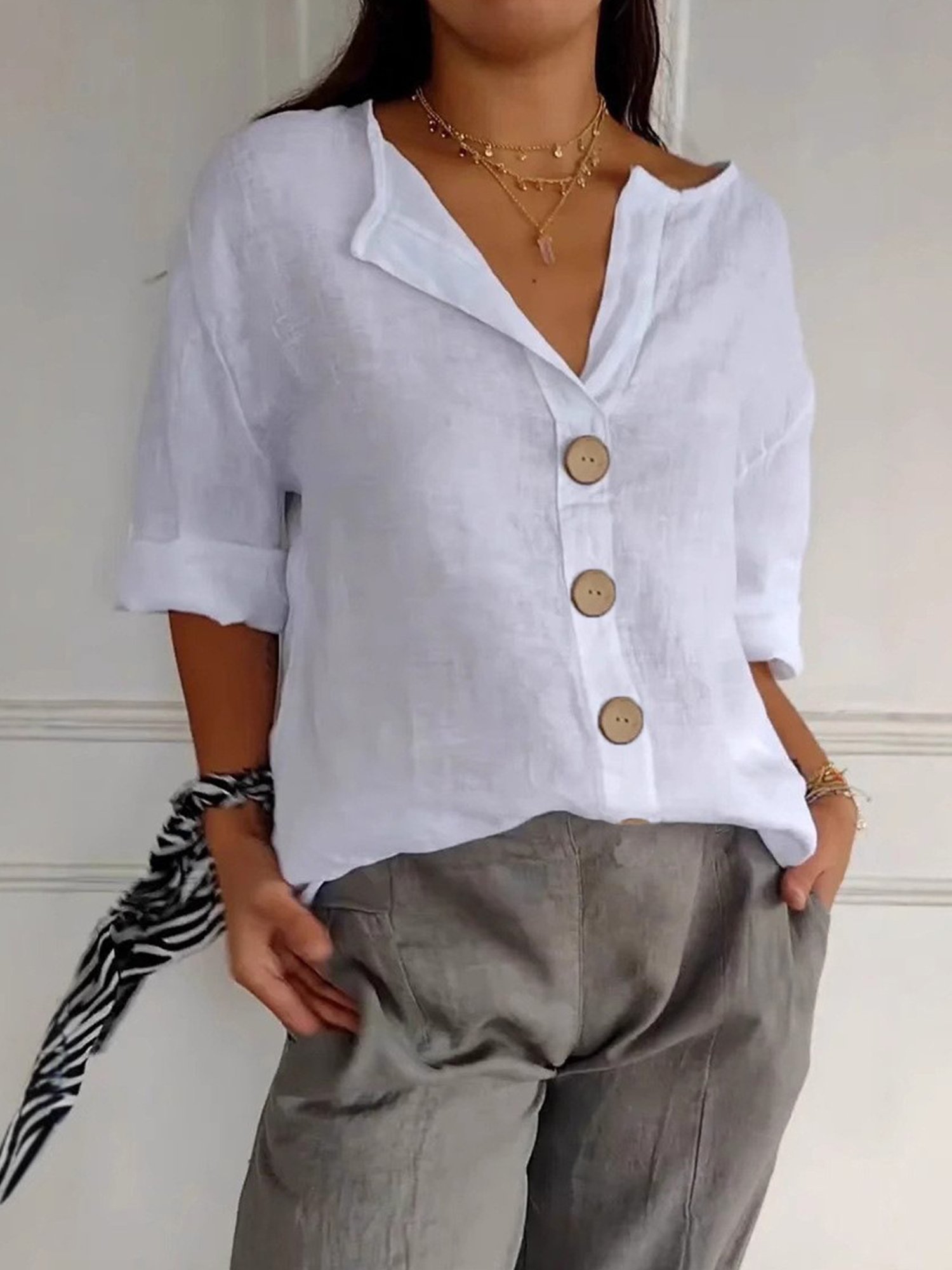 Casual Plain Buttoned Crew Neck Shirt