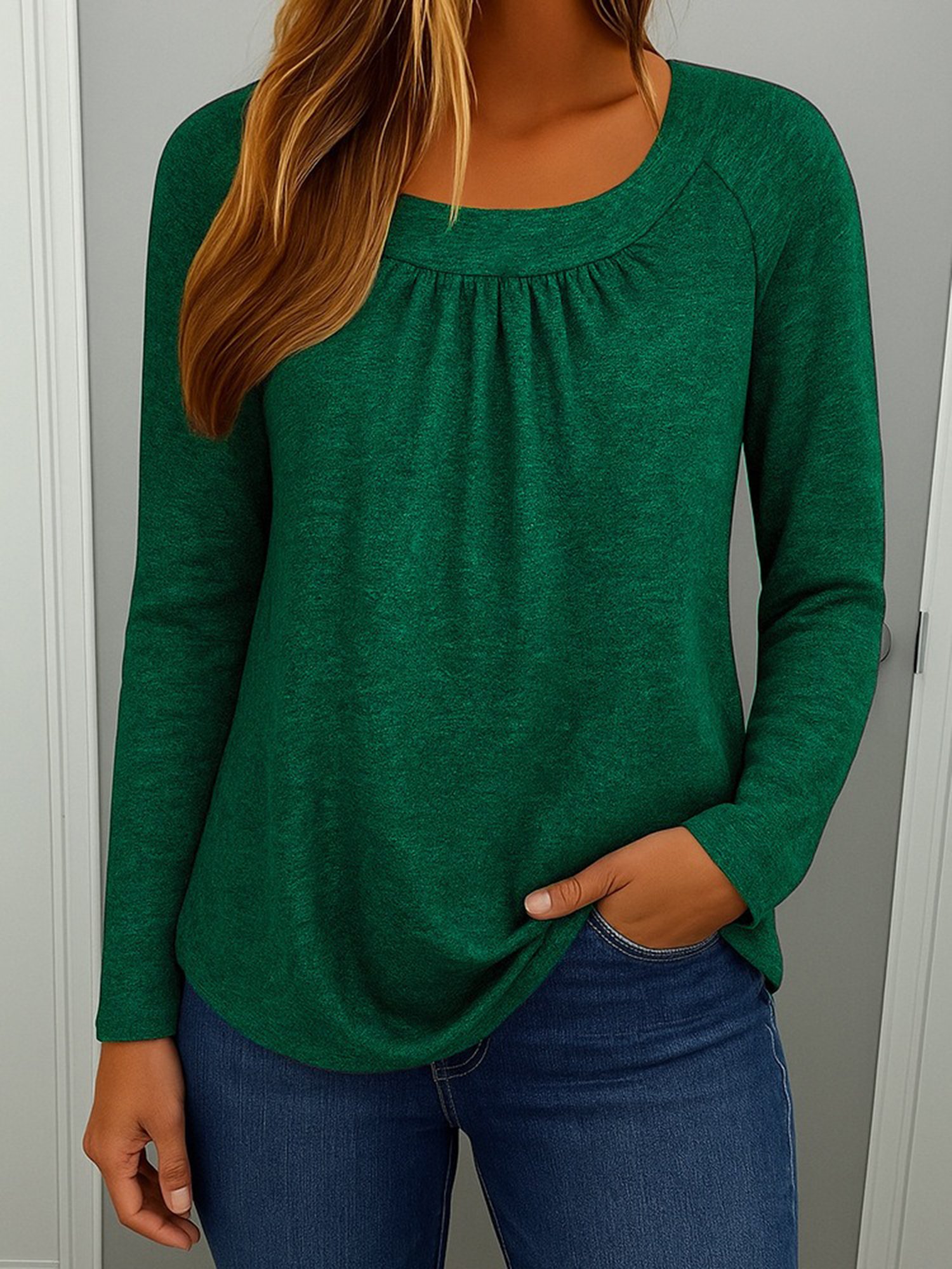 Women Plain Crew Neck Casual Long Sleeve T-shirt