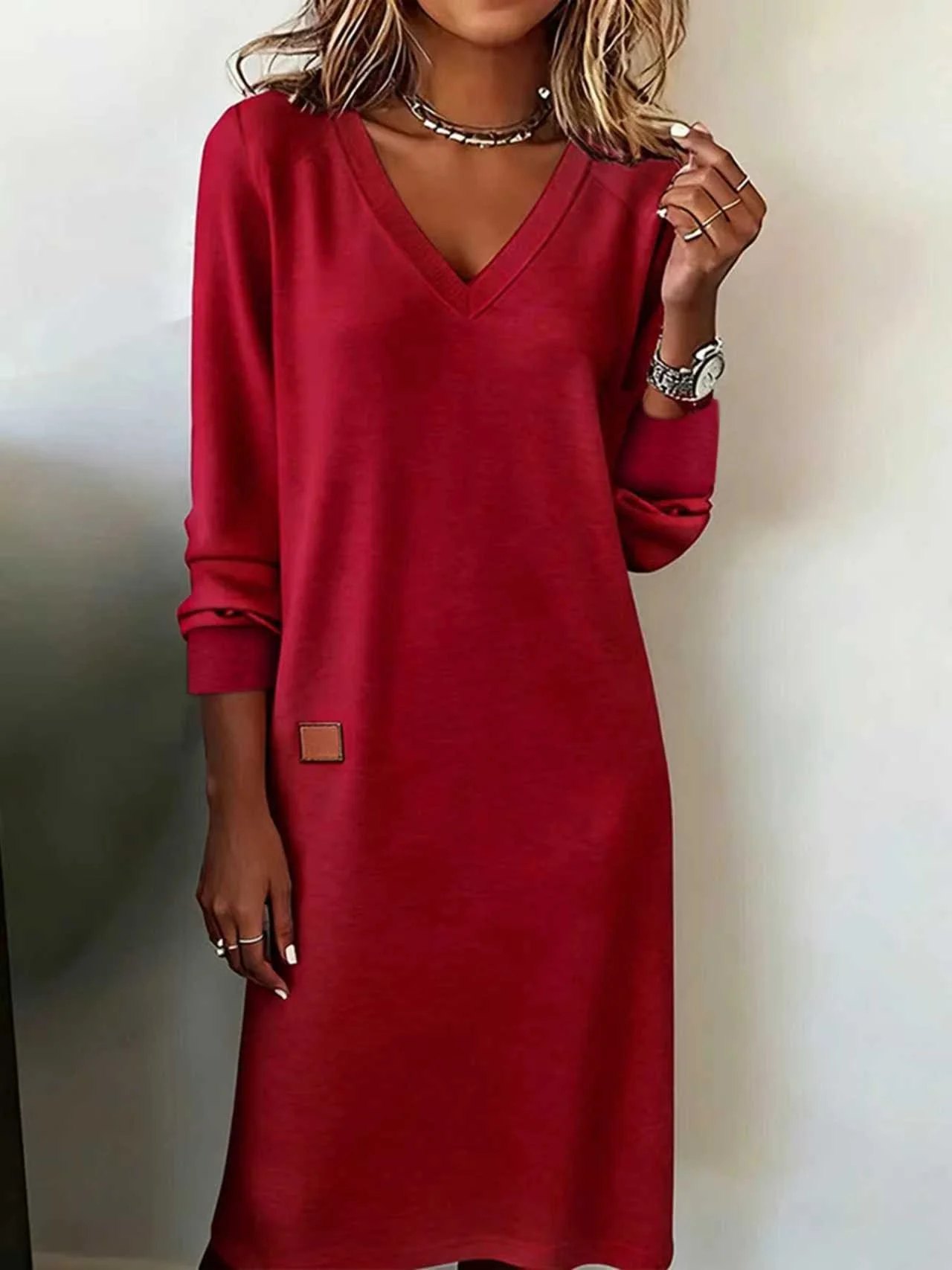 Women's Long Sleeve Spring/Fall Red Plain Split Joint V Neck Daily Going Out Casual Maxi A-Line T-Shirt Dress Dress