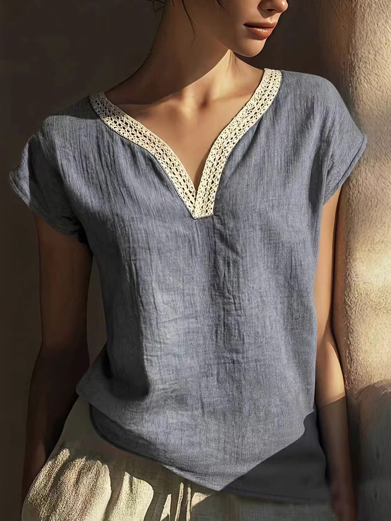 Cotton And Linen Casual Plain V Neck Blouse | roselinlin