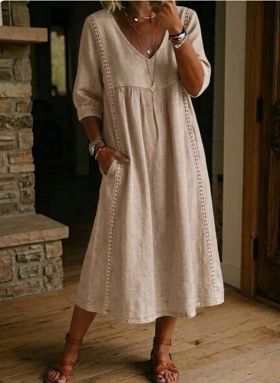Plain Cotton Linen V Neck Short Sleeve Lace Casual Dress | roselinlin