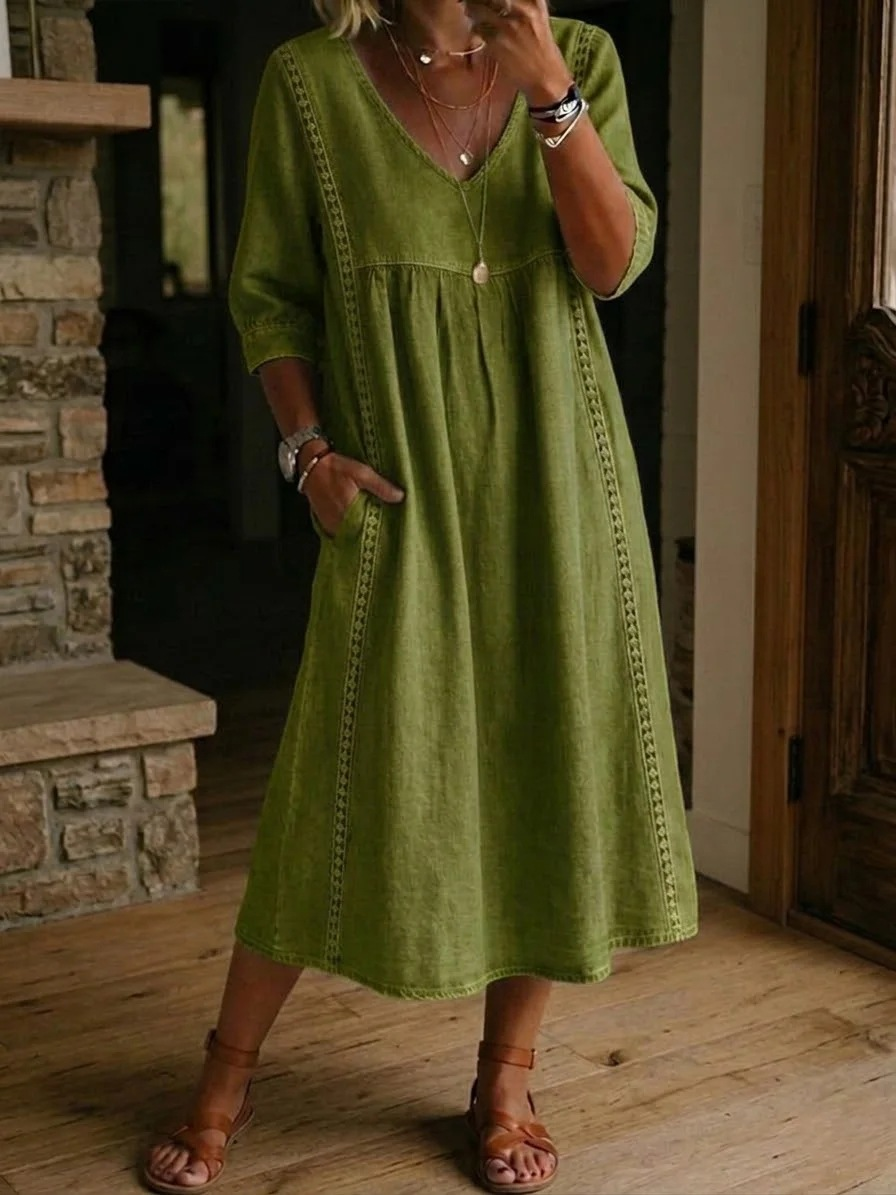 Plain Cotton Linen V Neck Short Sleeve Lace Casual Dress | roselinlin
