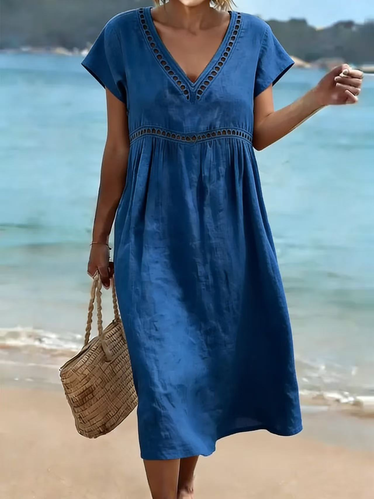 Cotton Blend Denim Blue V Neck Short Sleeve Lace Summer Going Out ...
