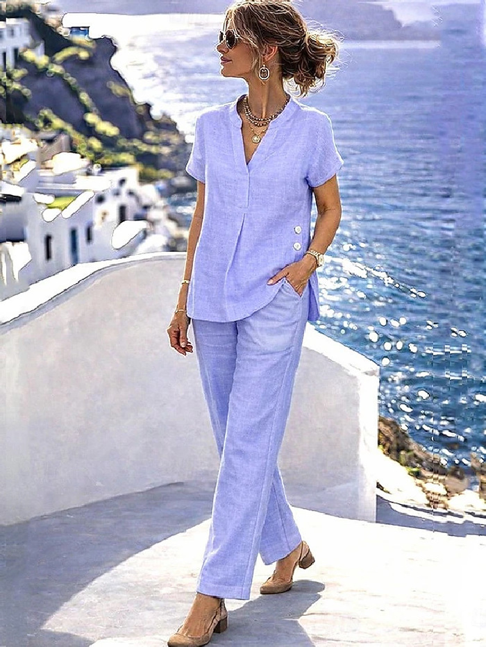 Linen V Neck Short Sleeve Button Spring Summer Casual Two-Piece Set ...