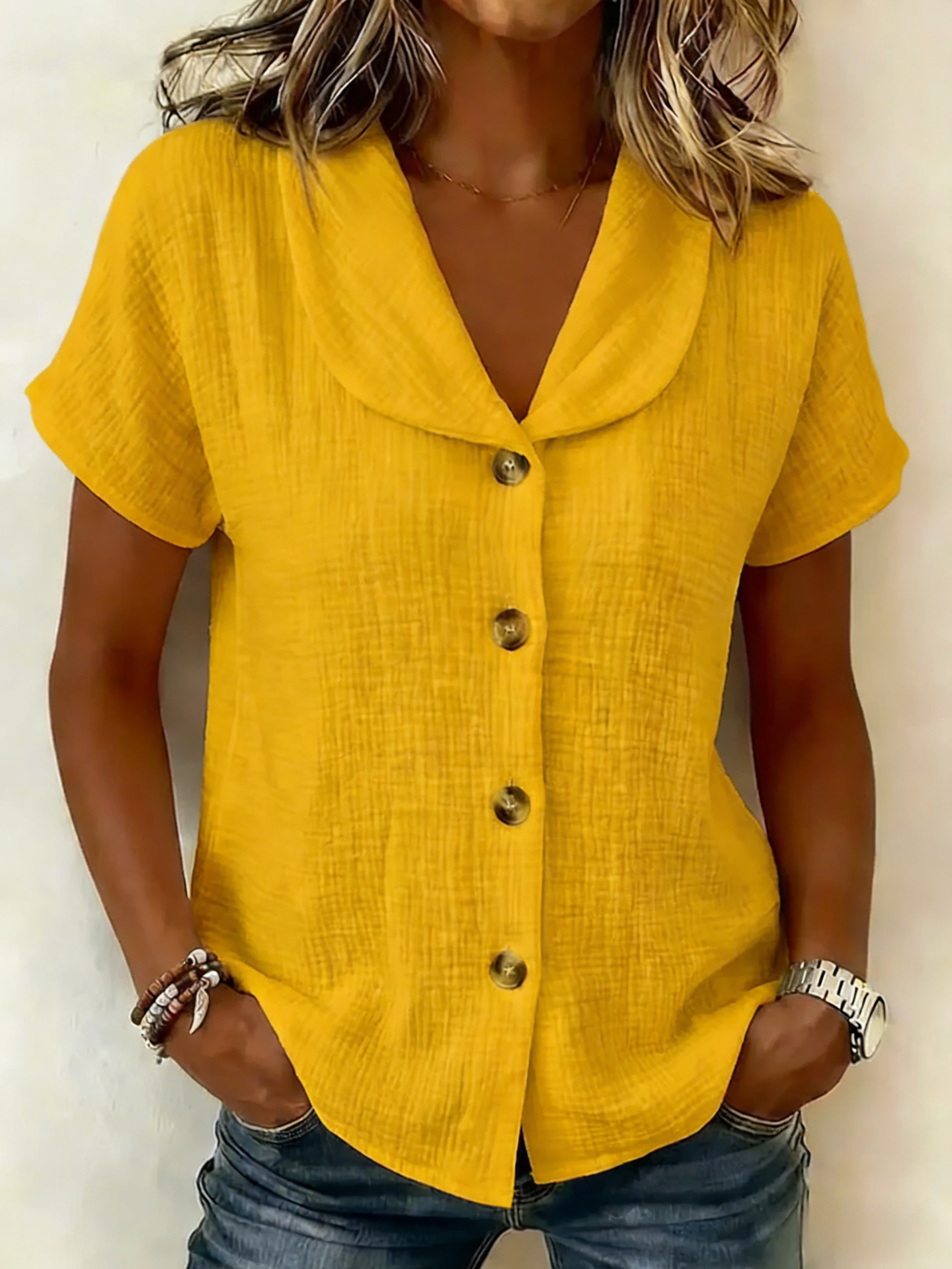 Cotton And Linen V Neck Short Sleeve Button Summer Plain Casual Shirt ...