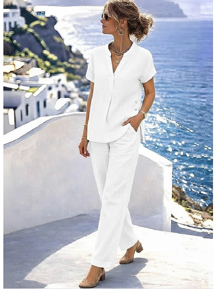 Linen V Neck Short Sleeve Button Spring Summer Casual Two-Piece Set ...