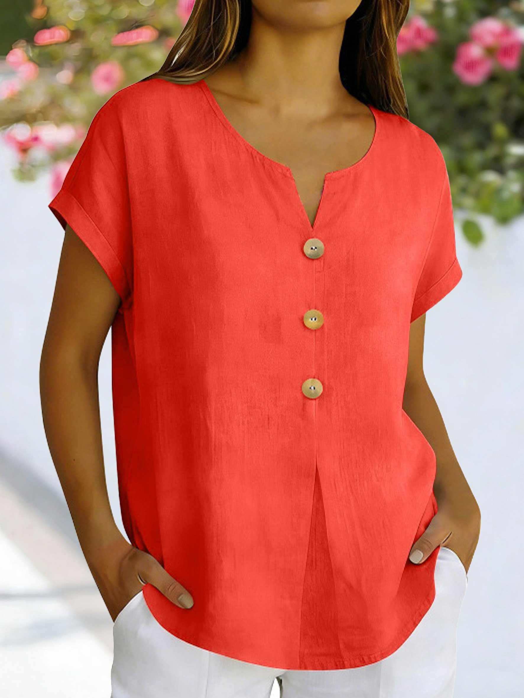 Cotton And Linen Plain Elegant Loose V Neck Short Sleeve Button Casual ...