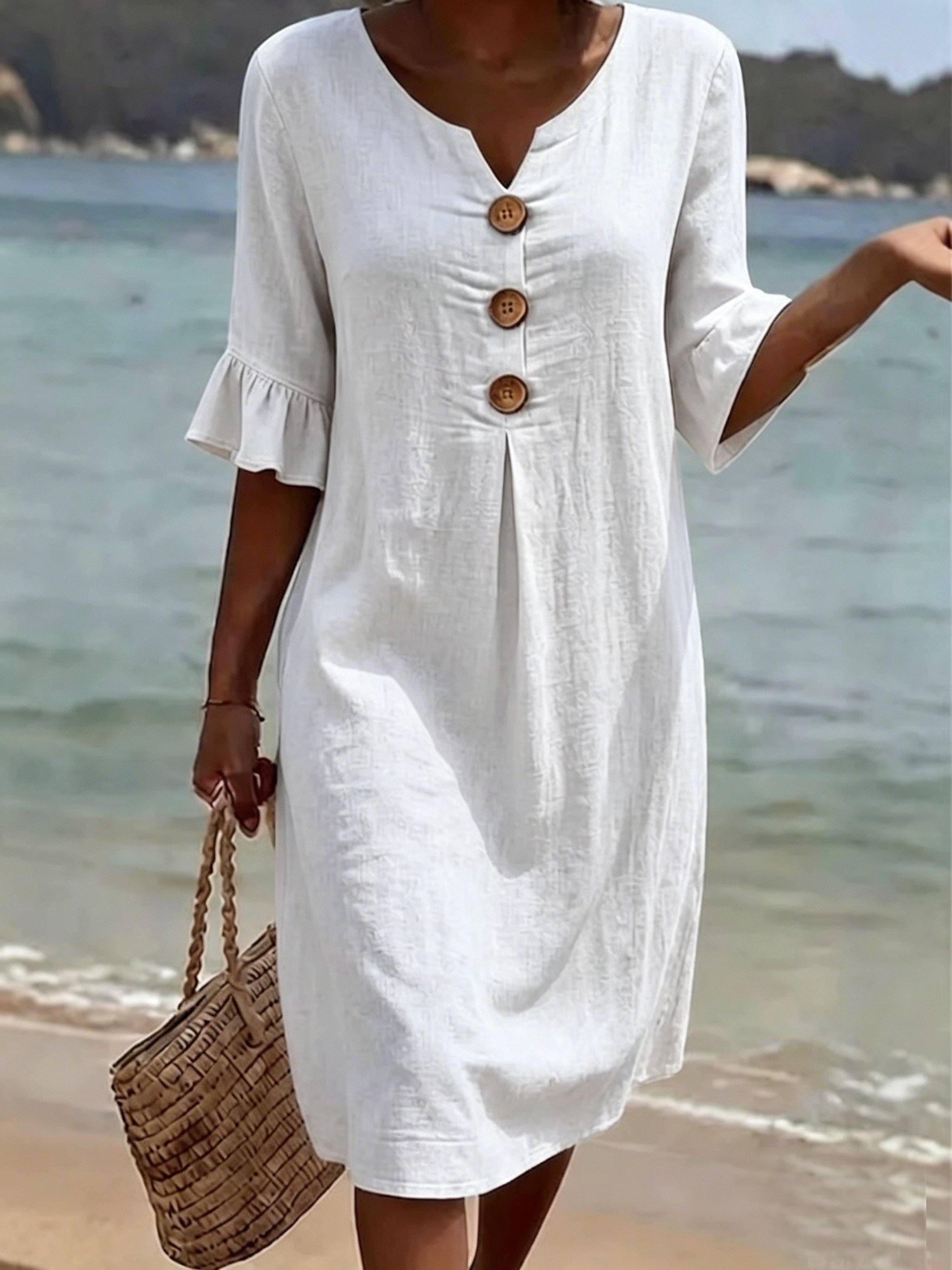 Cotton Plain V Neck Short Sleeve Button Casual Regular Fit Dress ...