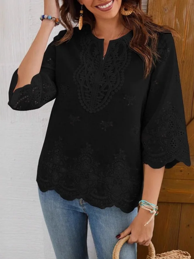 Cotton Casual Plain Lace V Neck Blouse | roselinlin