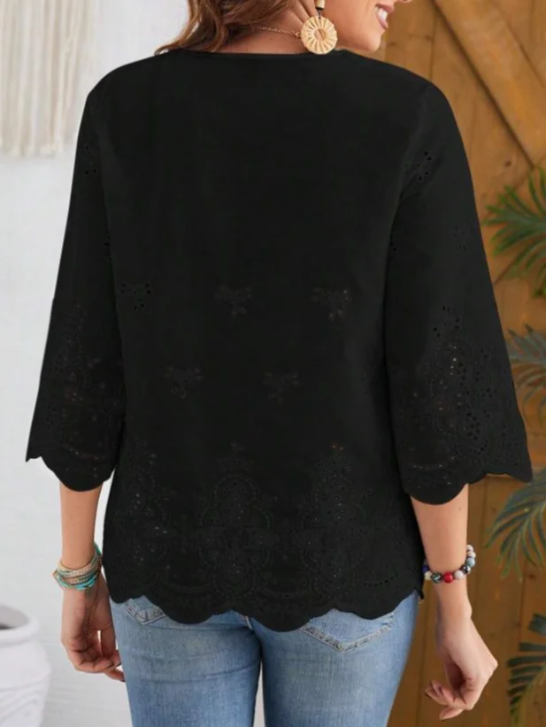 Cotton Casual Plain Lace V Neck Blouse | roselinlin