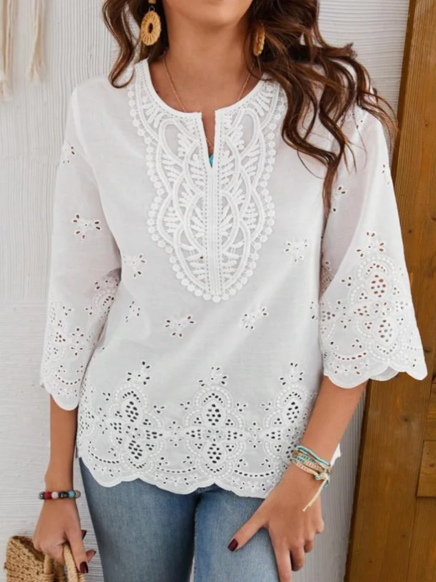 Cotton Casual Plain Lace V Neck Blouse | roselinlin