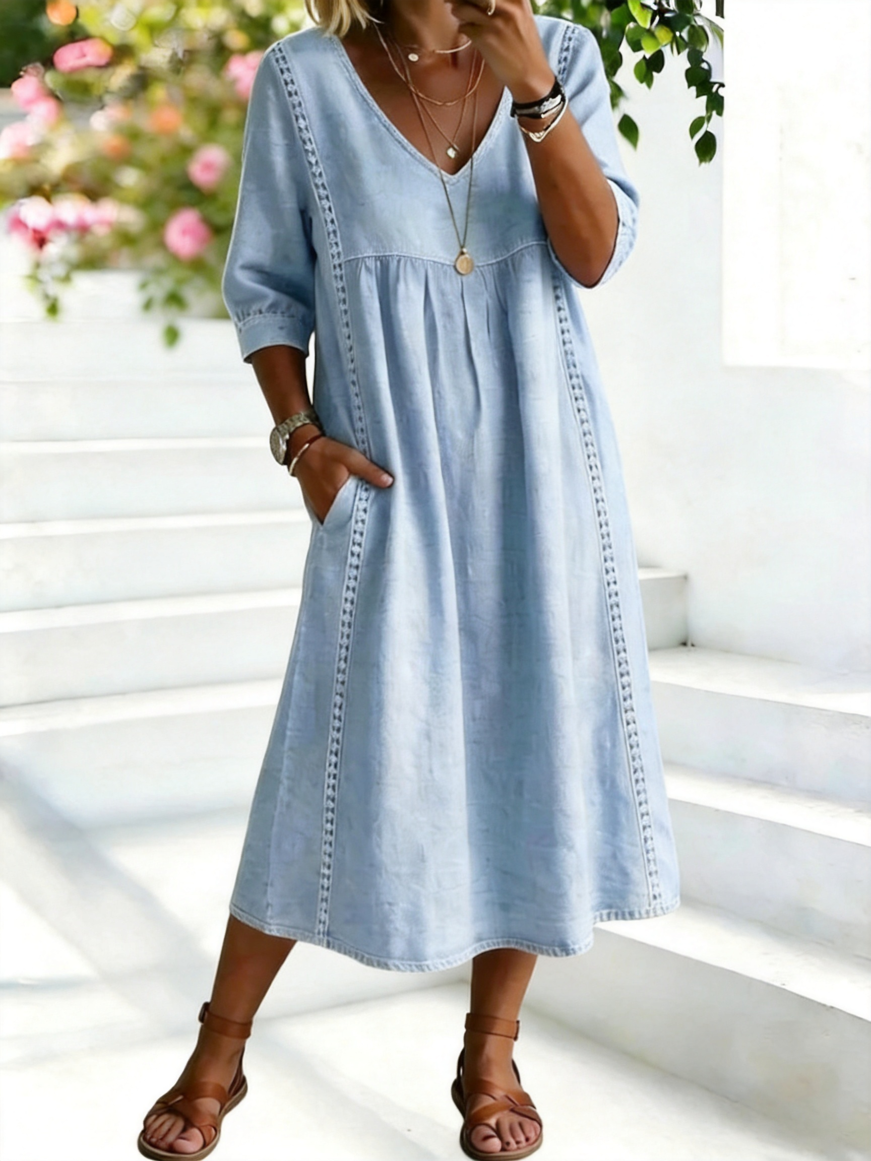 Plain Cotton Linen V Neck Short Sleeve Lace Casual Dress | roselinlin