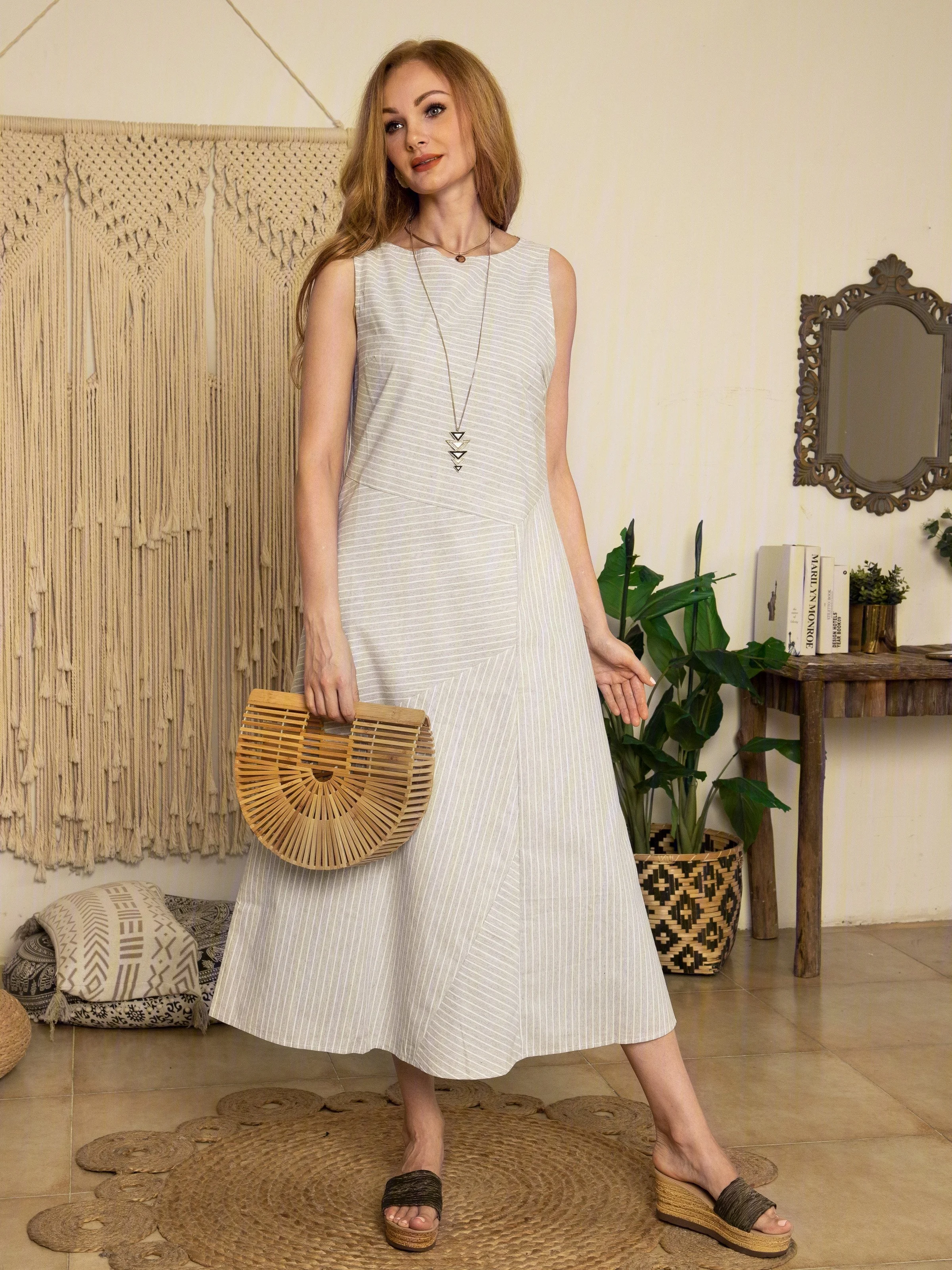 Cotton Striped Sleeveless Women Long Maxi Weaving Dress