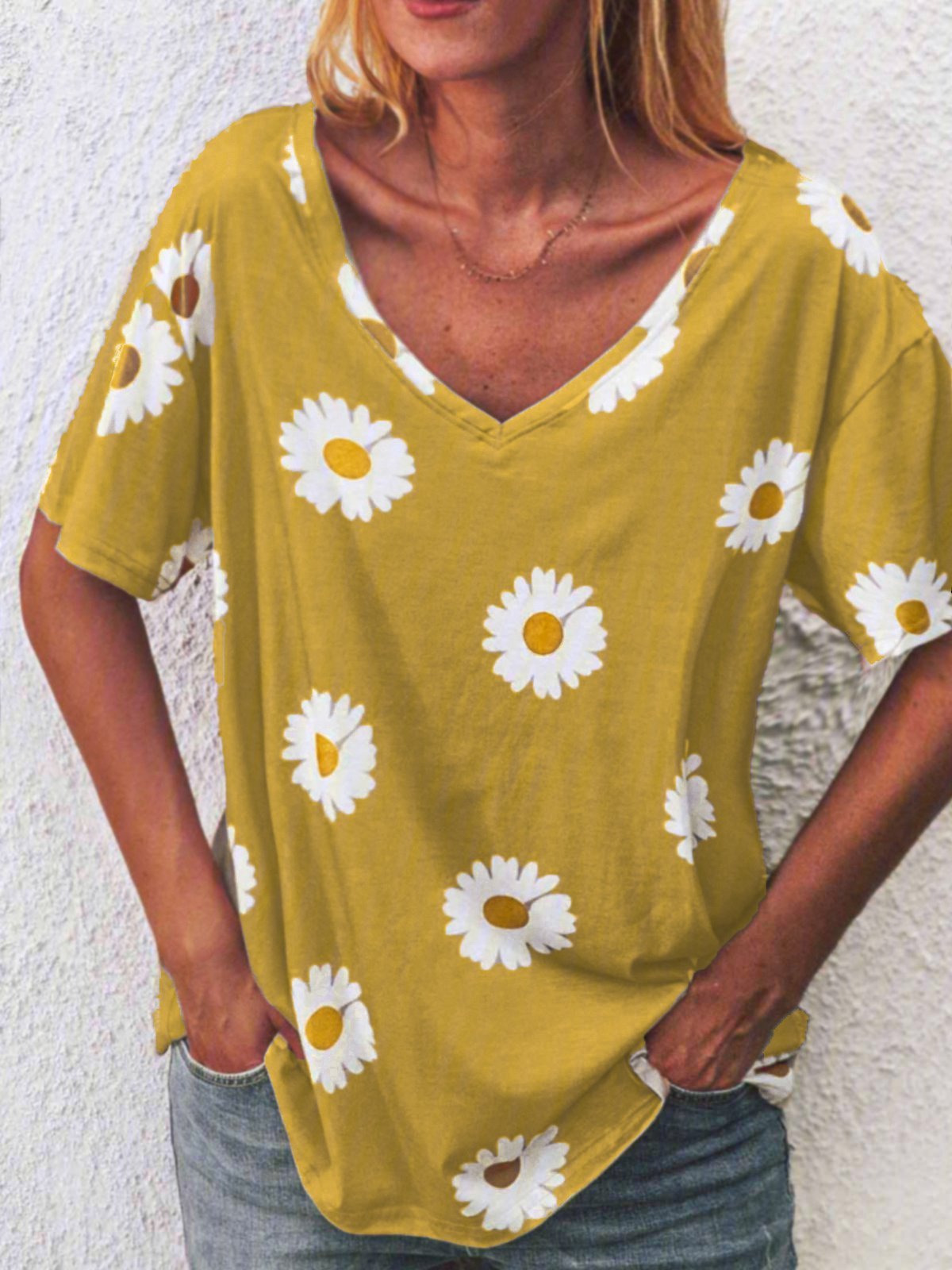 Women Casual Plain V Neck Floral-Print Daisy Short Sleeve Summer T-shirt