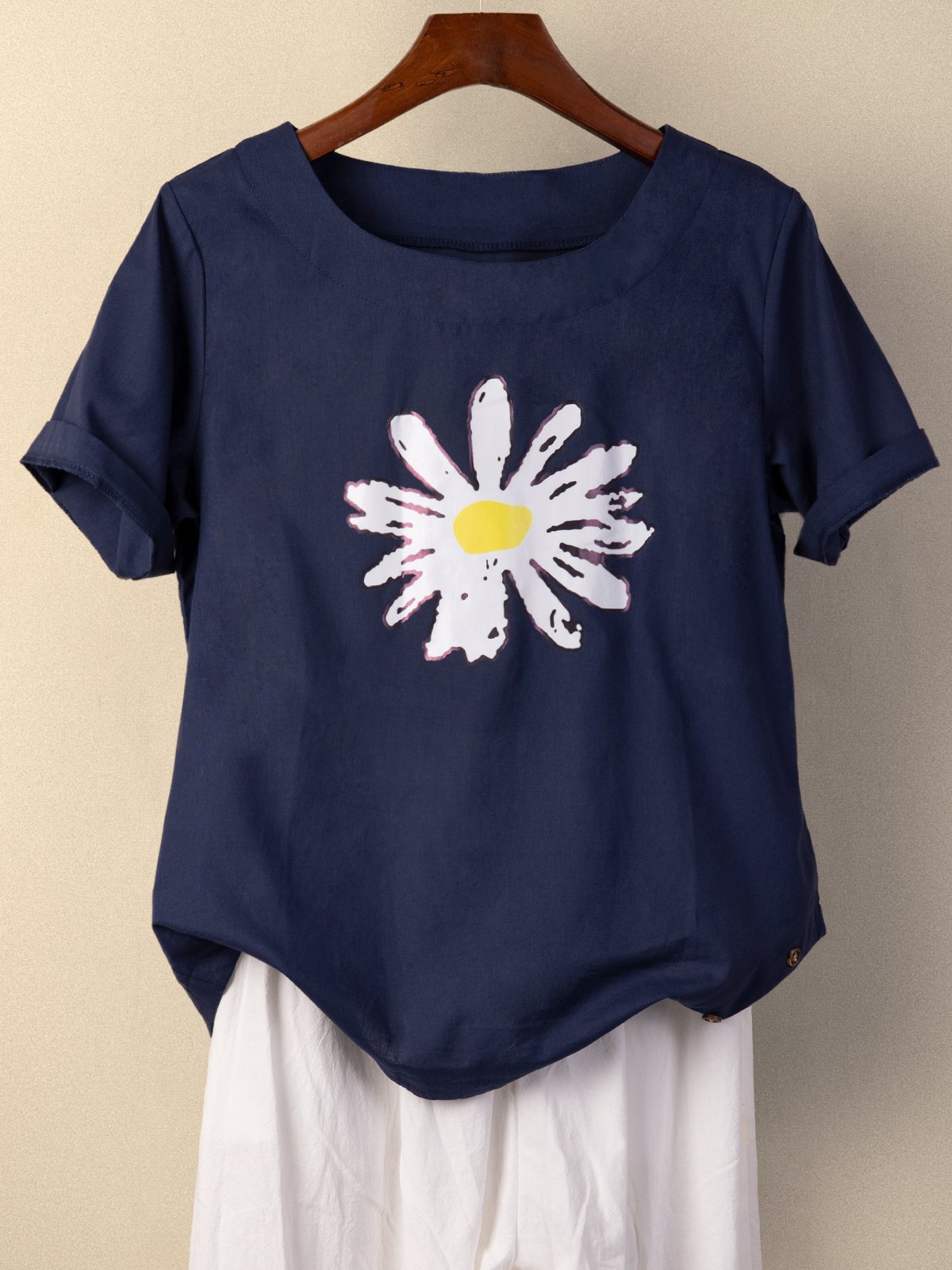 Women Casual Blue Floral Daisy Crew Neck Loose Short Sleeve Summer T-shirt