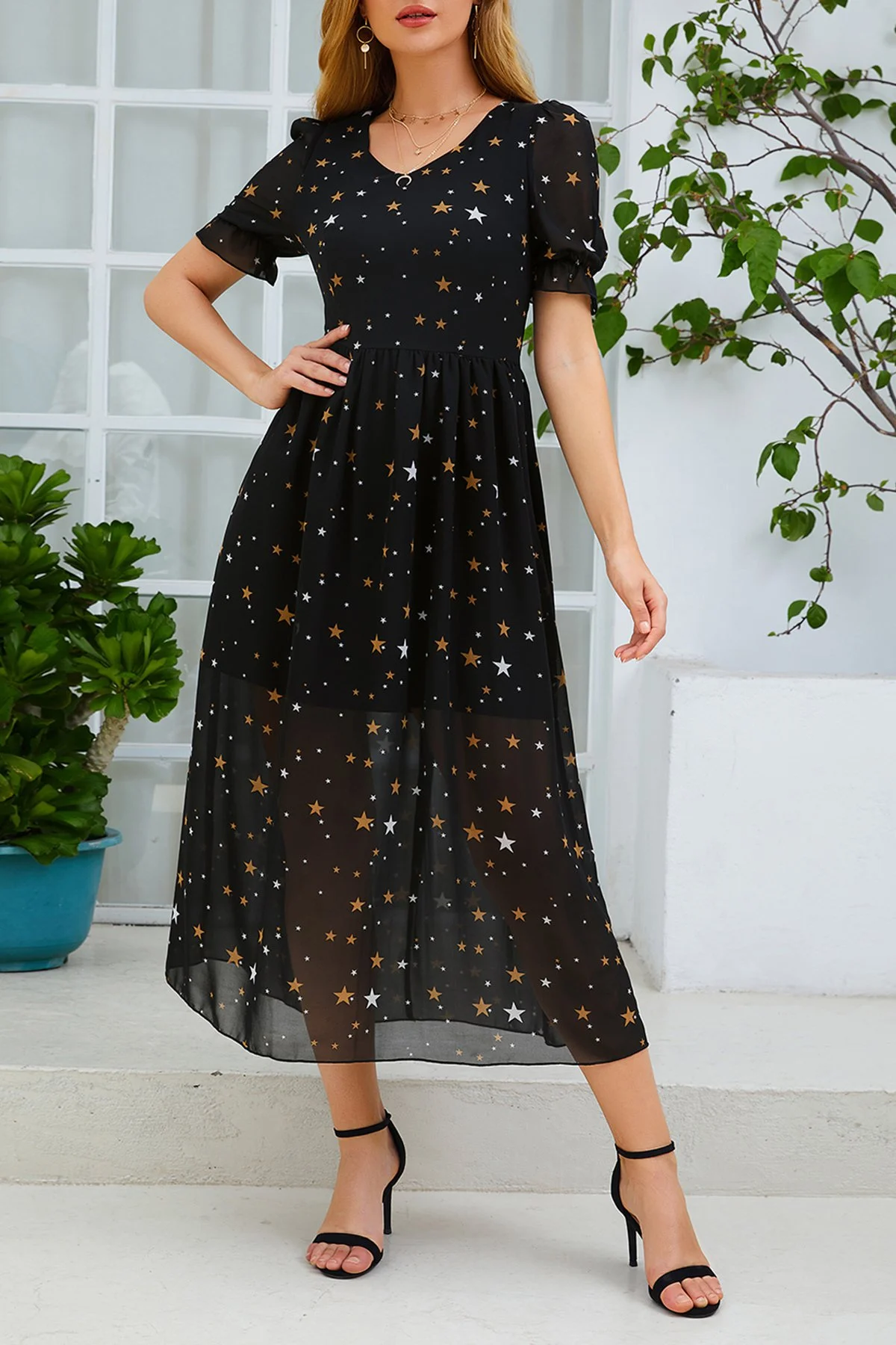 Black Vintage Star V Neck Weaving Dress