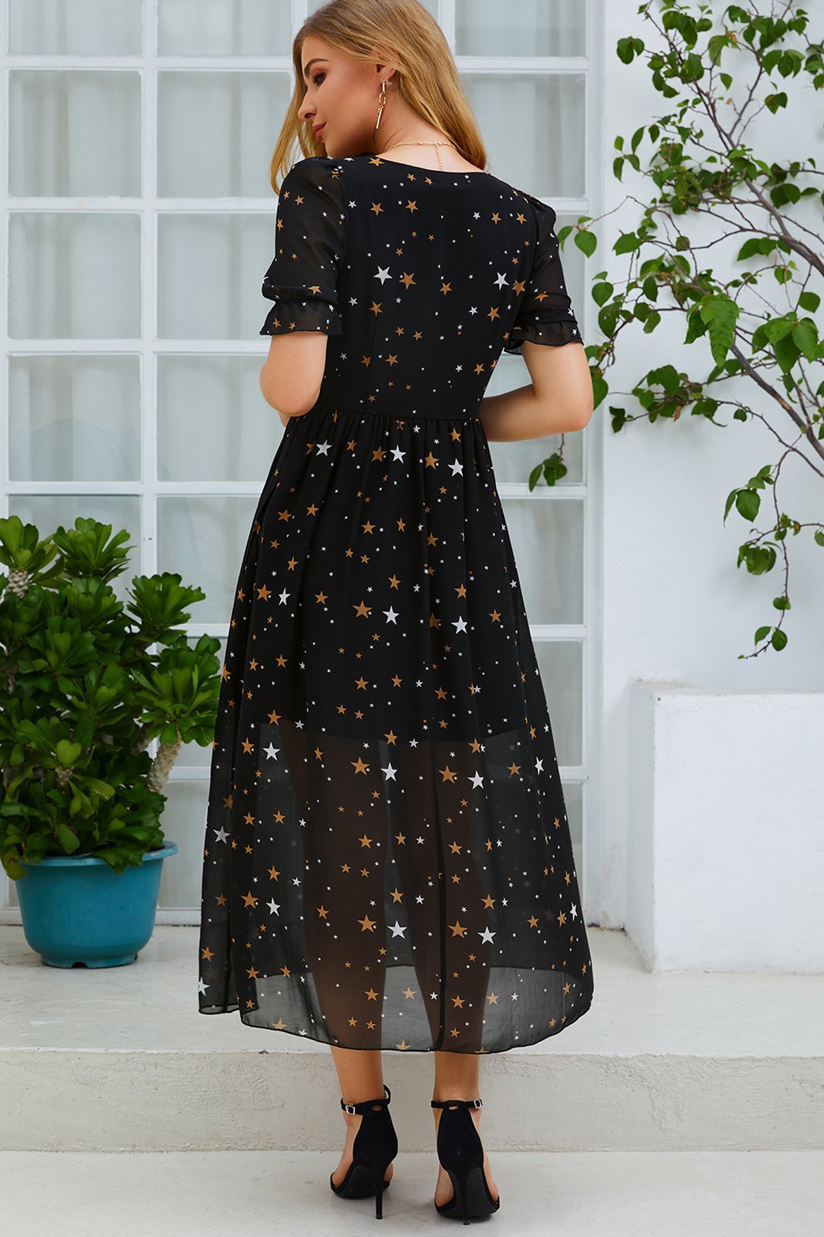 Black Vintage Star V Neck Weaving Dress