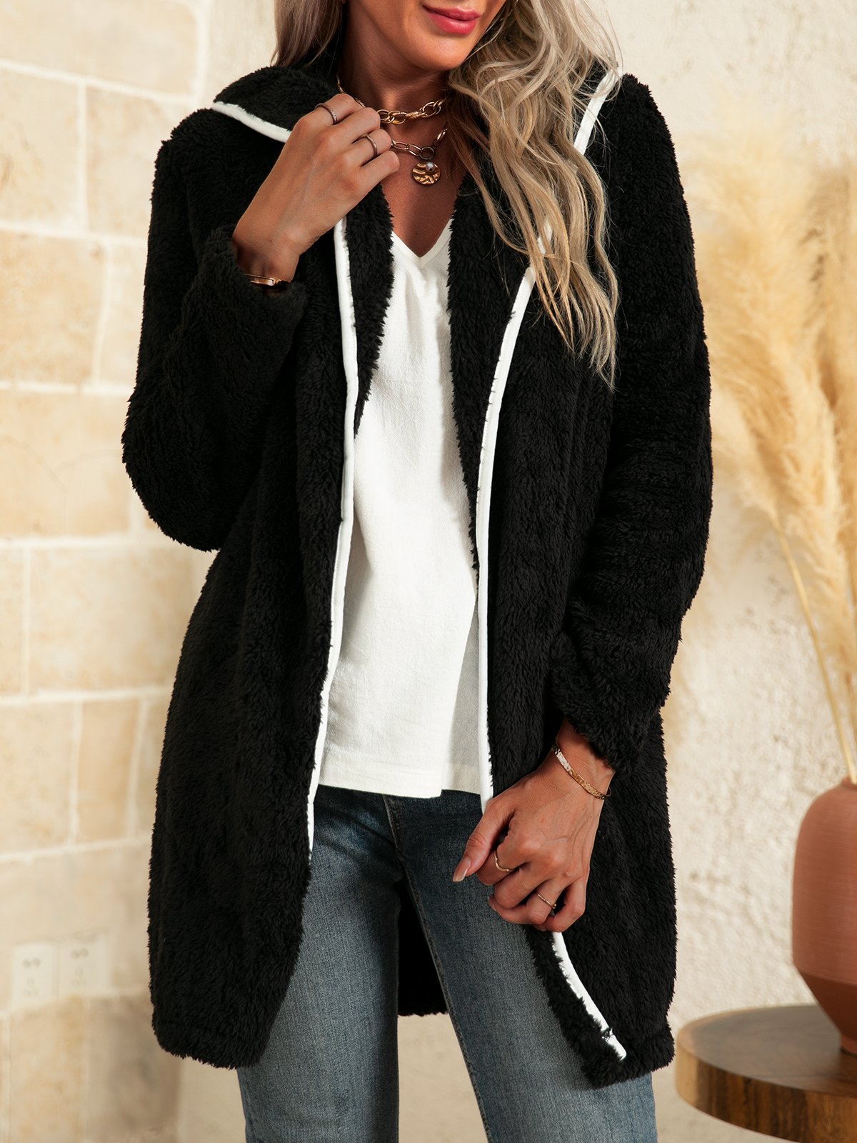 Hooded Long Sleeve Fur Cardigan