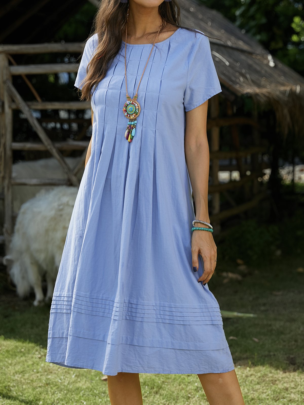 Women Caftan Solid Casual Linen Weaving Dress | roselinlin