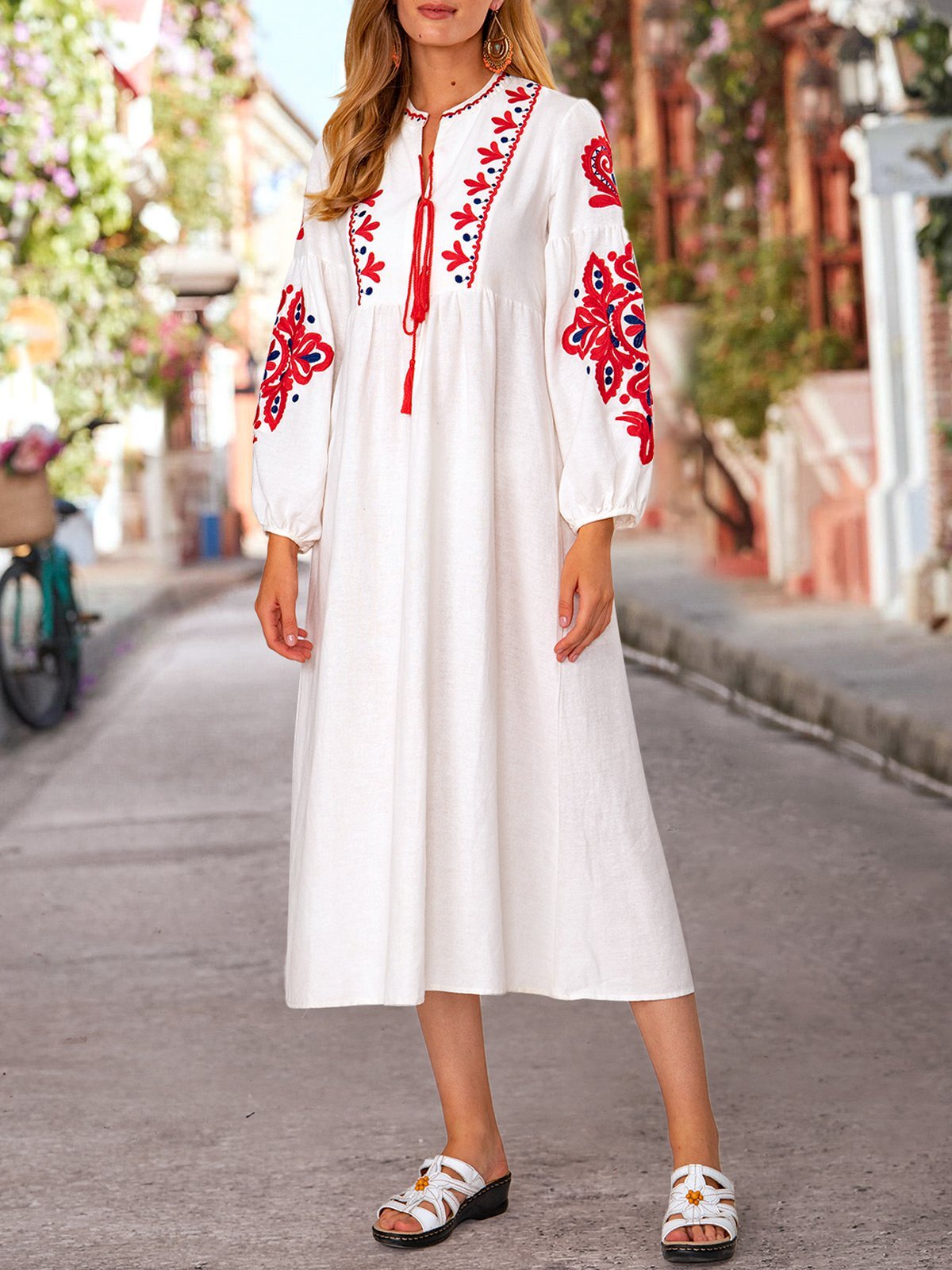 Roselinlin Floral Dresses Long Sleeve Vintage Dresses Holiday A-Line Ethnic Floral-Embroidered Dresses