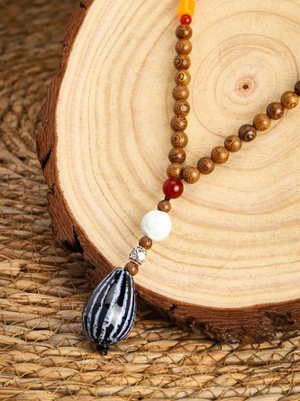 Vintage Casual Wooden Beaded Ceramic Pendant Necklace
